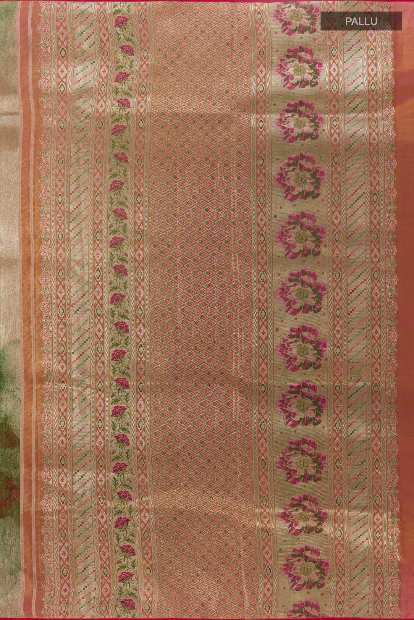 Close up image of the pallu of Green Kanjivaram Tissue Silk Saree with Zari Brocade on the body and Zari Border. 