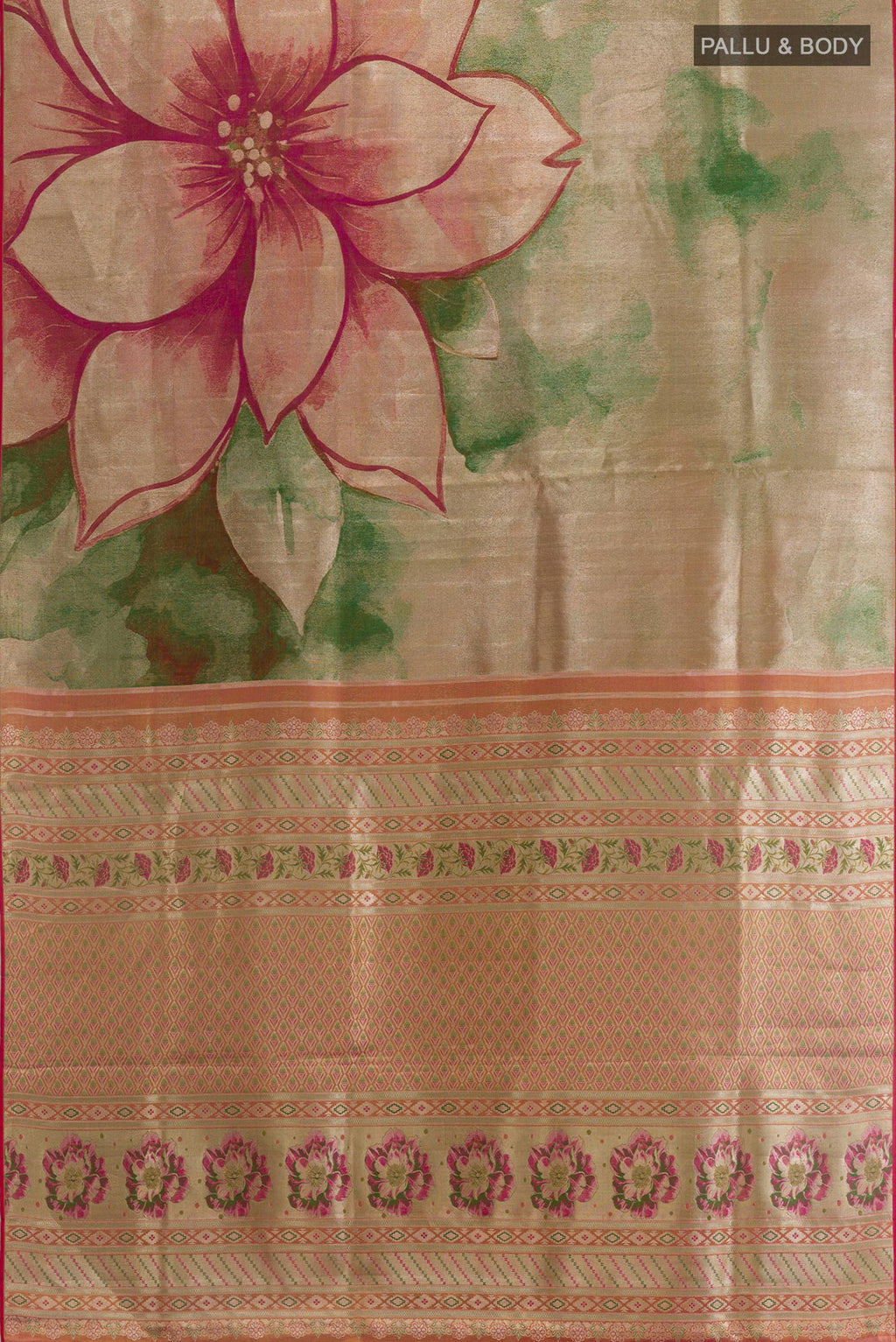 Flat view of Green Kanjivaram Tissue Silk Saree with Zari Brocade on the body and Zari Border. 