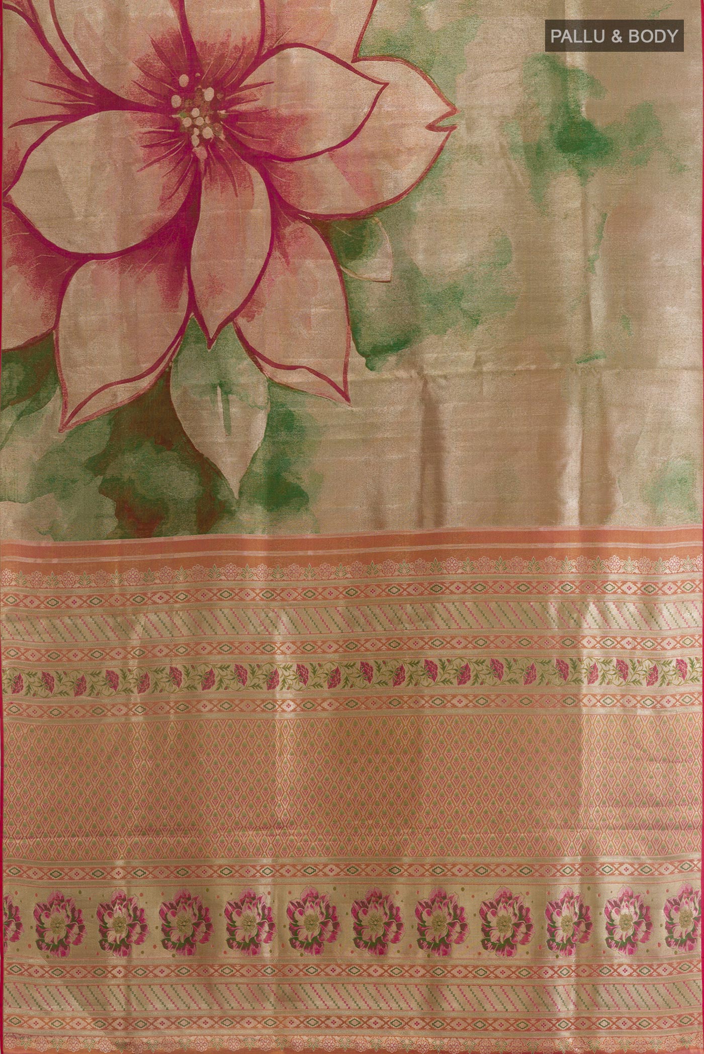 Flat view of Green Kanjivaram Tissue Silk Saree with Zari Brocade on the body and Zari Border. 