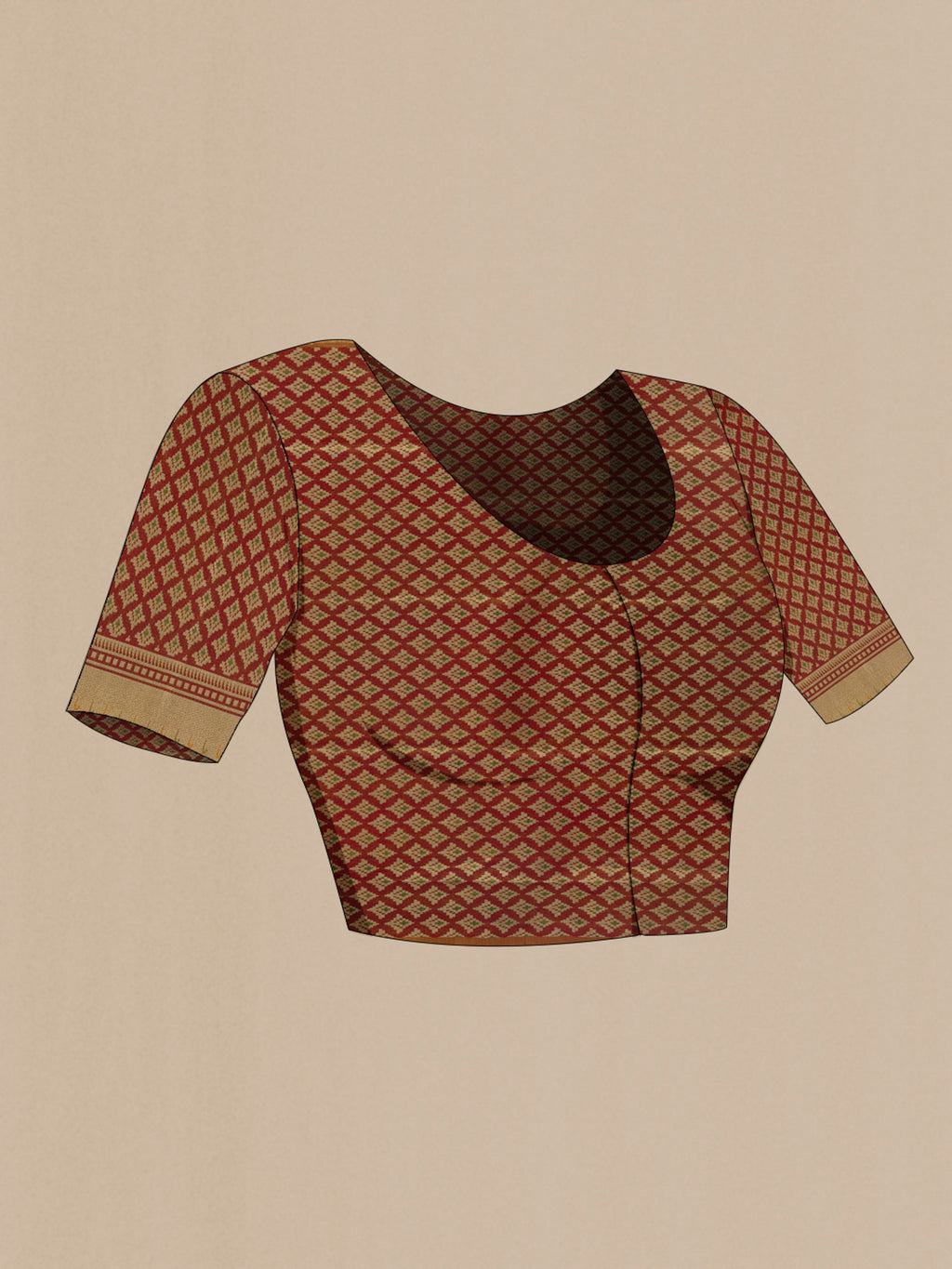 Close up image of the blouse of Golden Kanjivaram Tissue Silk Saree with Zari Brocade on the body and Zari Border. 
