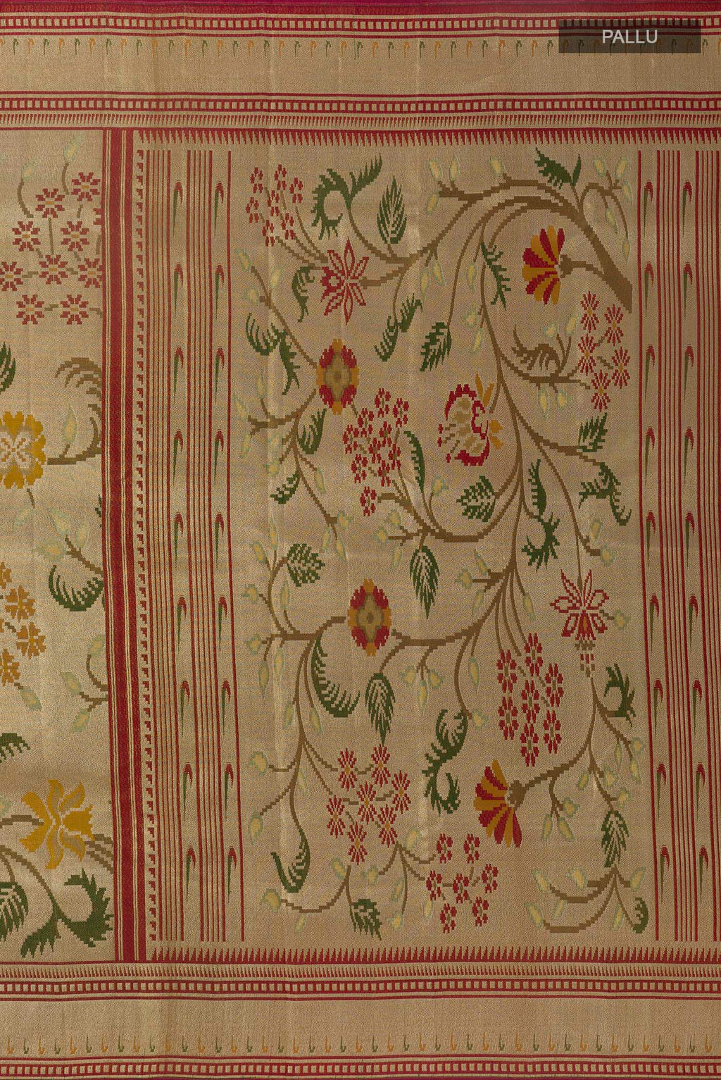 Close up image of the pallu of Golden Kanjivaram Tissue Silk Saree with Zari Brocade on the body and Zari Border. 