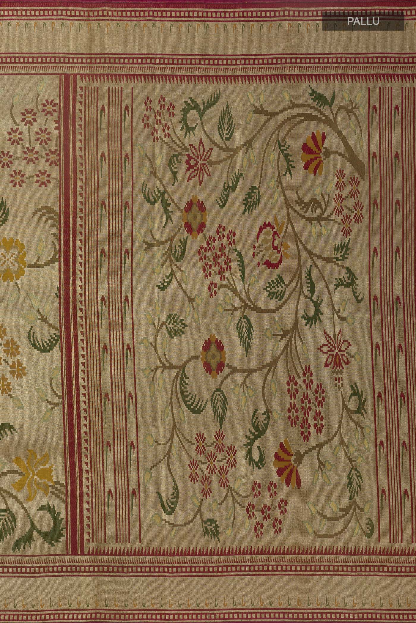 Close up image of the pallu of Golden Kanjivaram Tissue Silk Saree with Zari Brocade on the body and Zari Border. 