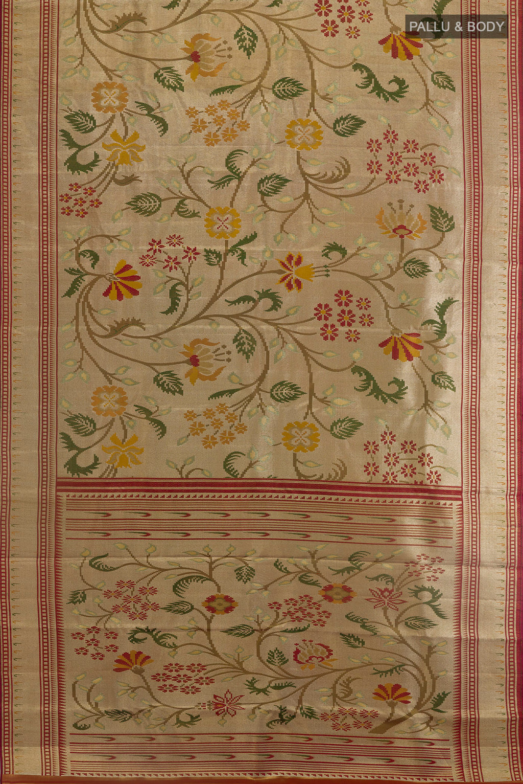 Flat view of Golden Kanjivaram Tissue Silk Saree with Zari Brocade on the body and Zari Border. 