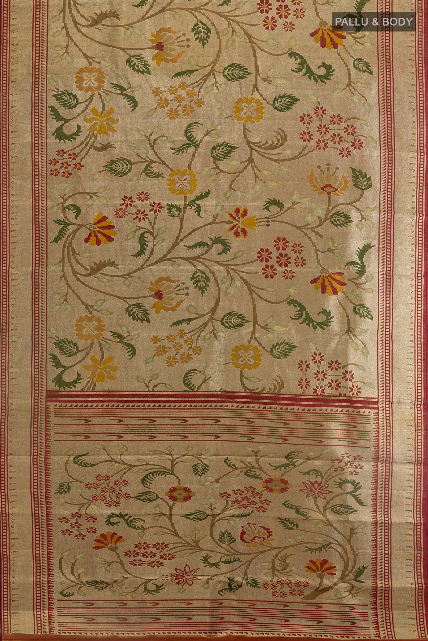 Flat view of Golden Kanjivaram Tissue Silk Saree with Zari Brocade on the body and Zari Border. 