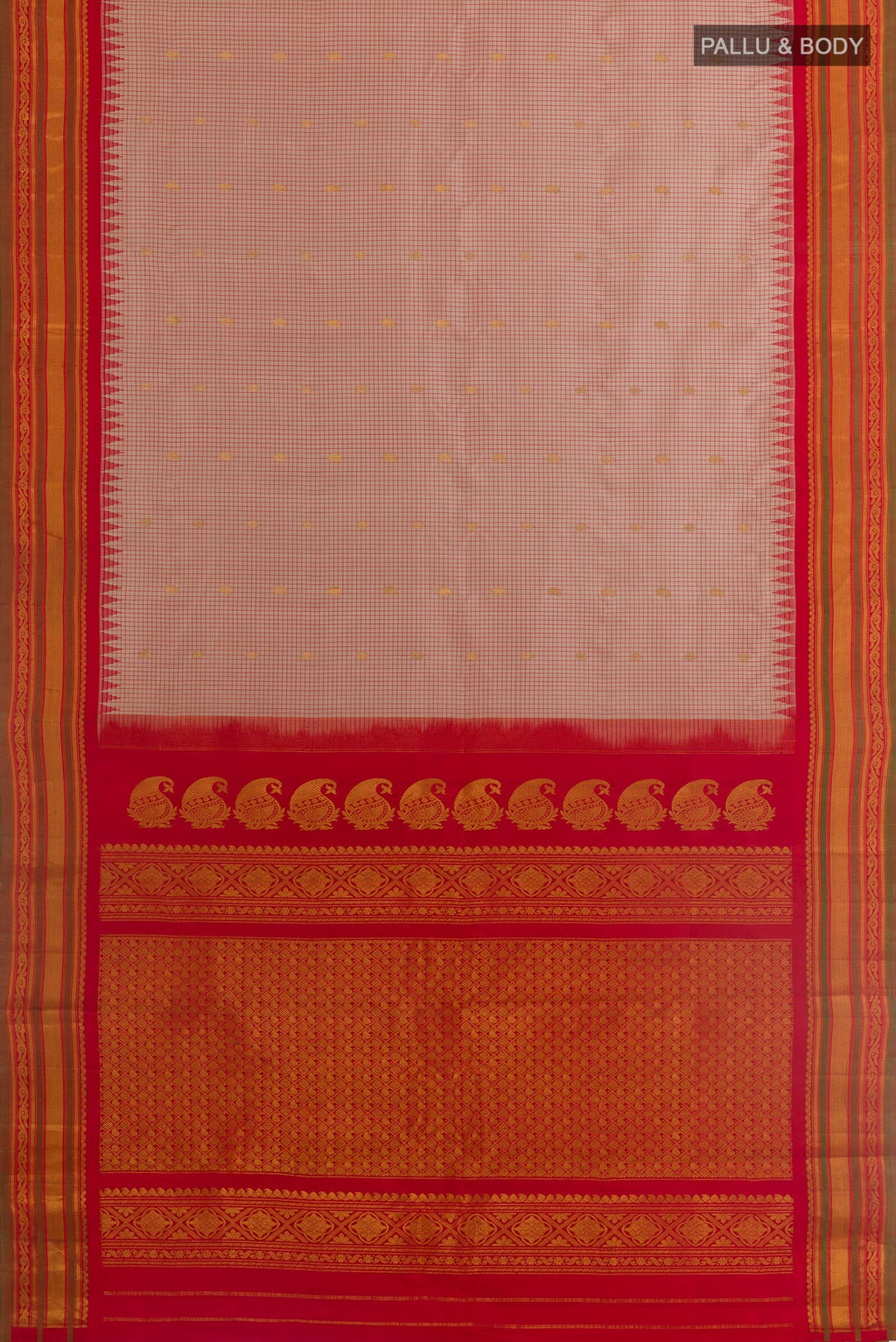 Flat view of Grey Gadwal Silk Saree with Checked design on the body and Zari Border. 
