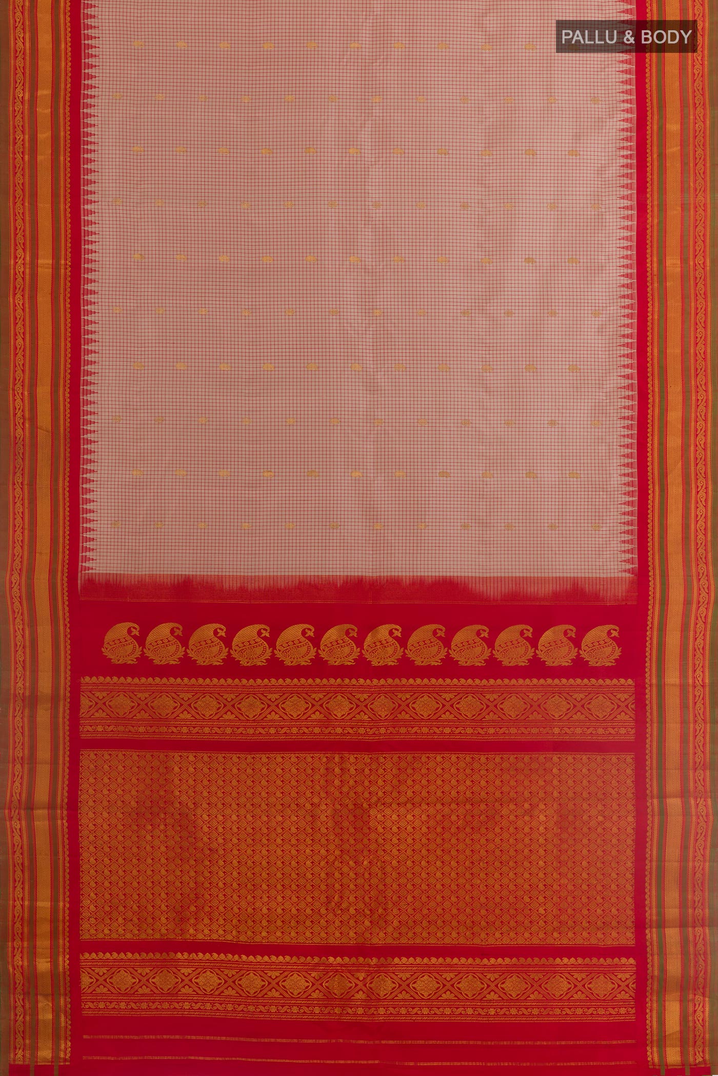 Flat view of Grey Gadwal Silk Saree with Checked design on the body and Zari Border. 