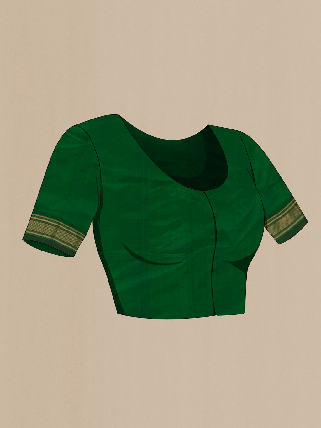 Close up image of the blouse of Green Paithani Silk Saree with Zari Butta on the body and Zari Border. 