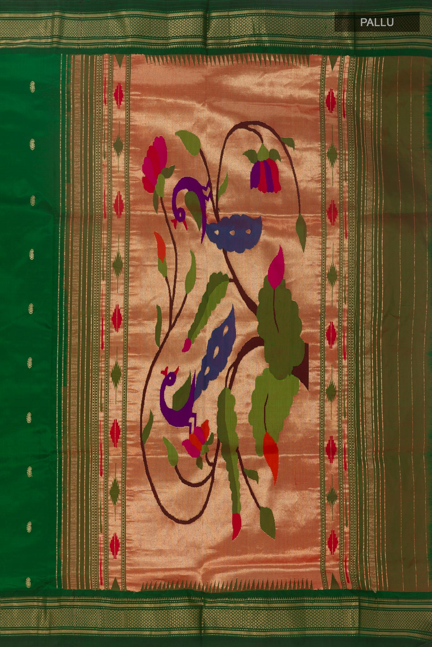 Close up image of the pallu of Green Paithani Silk Saree with Zari Butta on the body and Zari Border. 