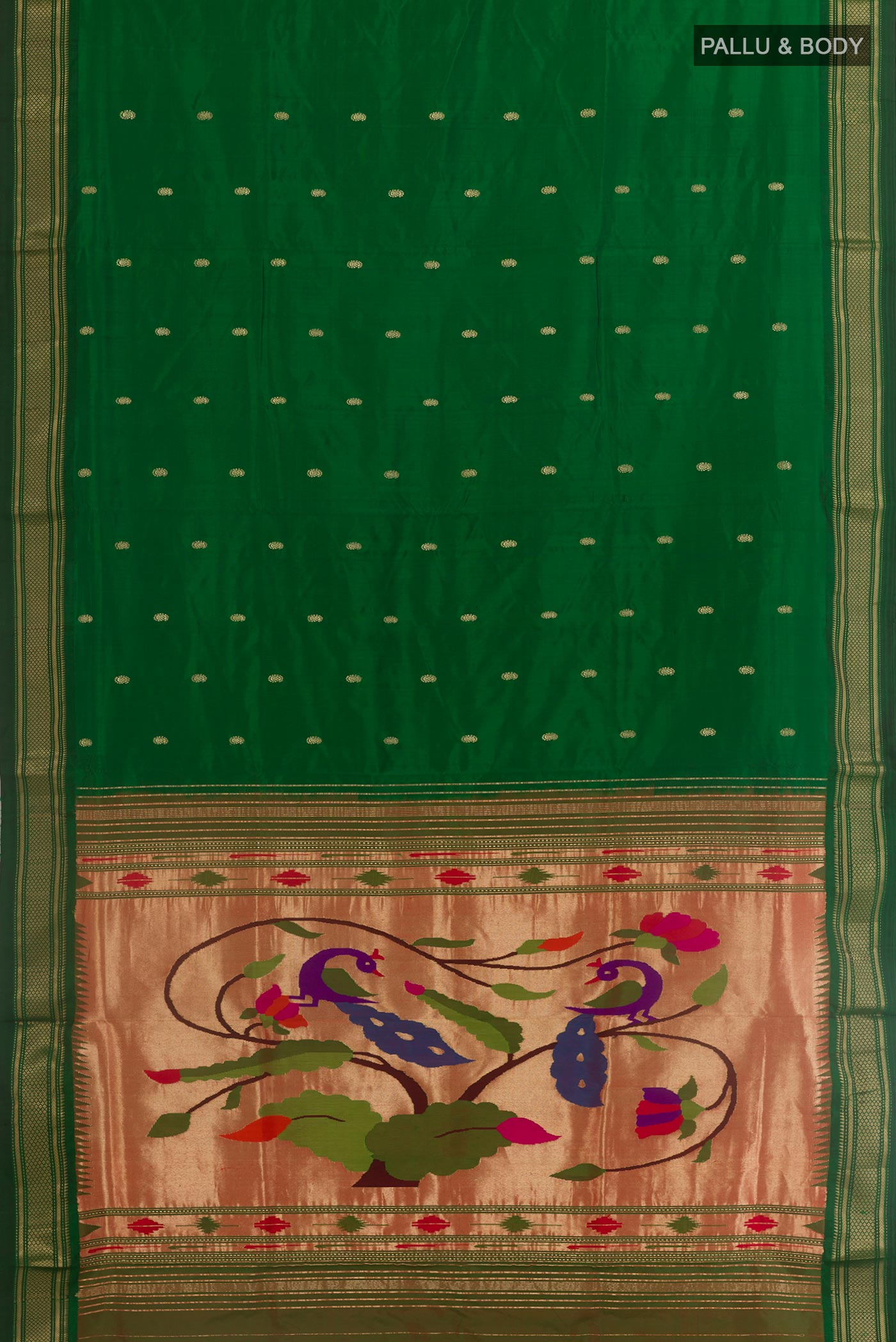 Flat view of Green Paithani Silk Saree with Zari Butta on the body and Zari Border. 