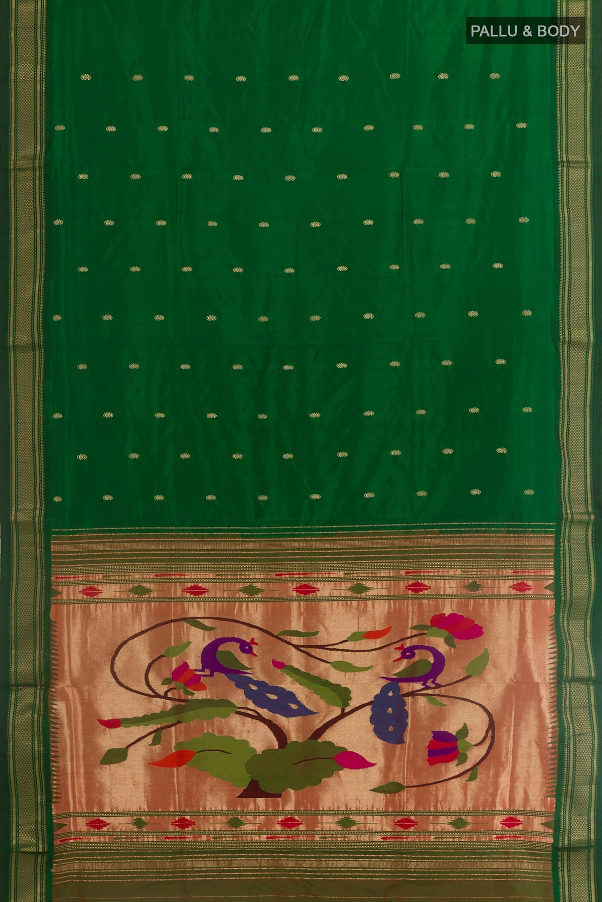 Flat view of Green Paithani Silk Saree with Zari Butta on the body and Zari Border. 