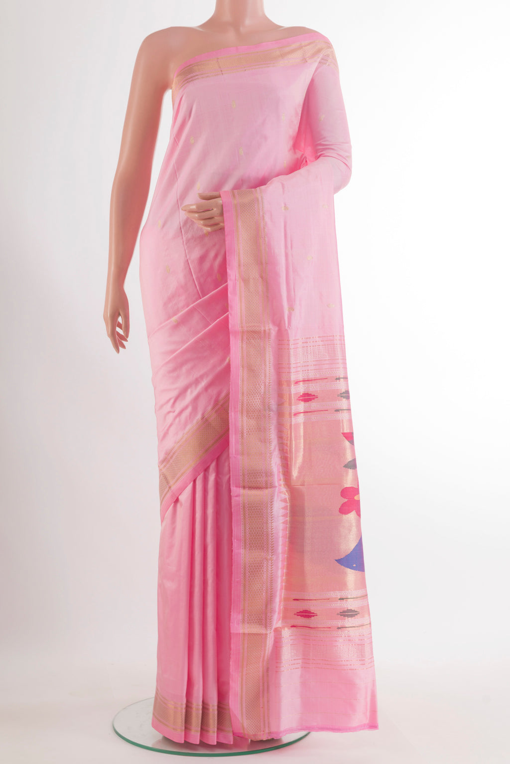 Pure Silk Pink Paithani Saree with Zari Butta on the body and Zari Border.  displayed on a mannequin