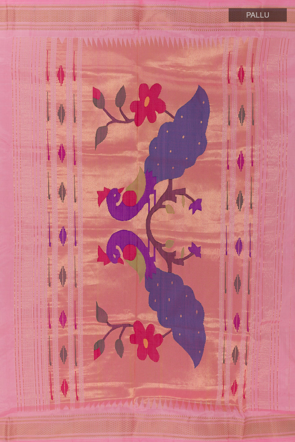 Close up image of the pallu of Pure Silk Pink Paithani Saree with Zari Butta on the body and Zari Border. 