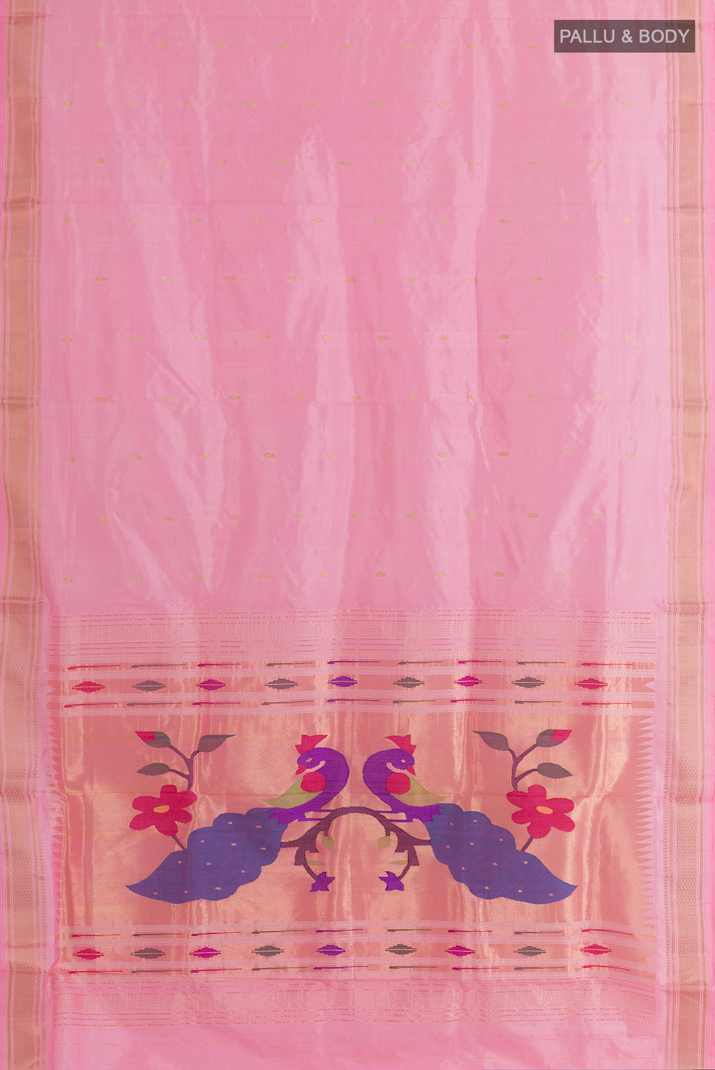 Flat view of Pure Silk Pink Paithani Saree with Zari Butta on the body and Zari Border. 