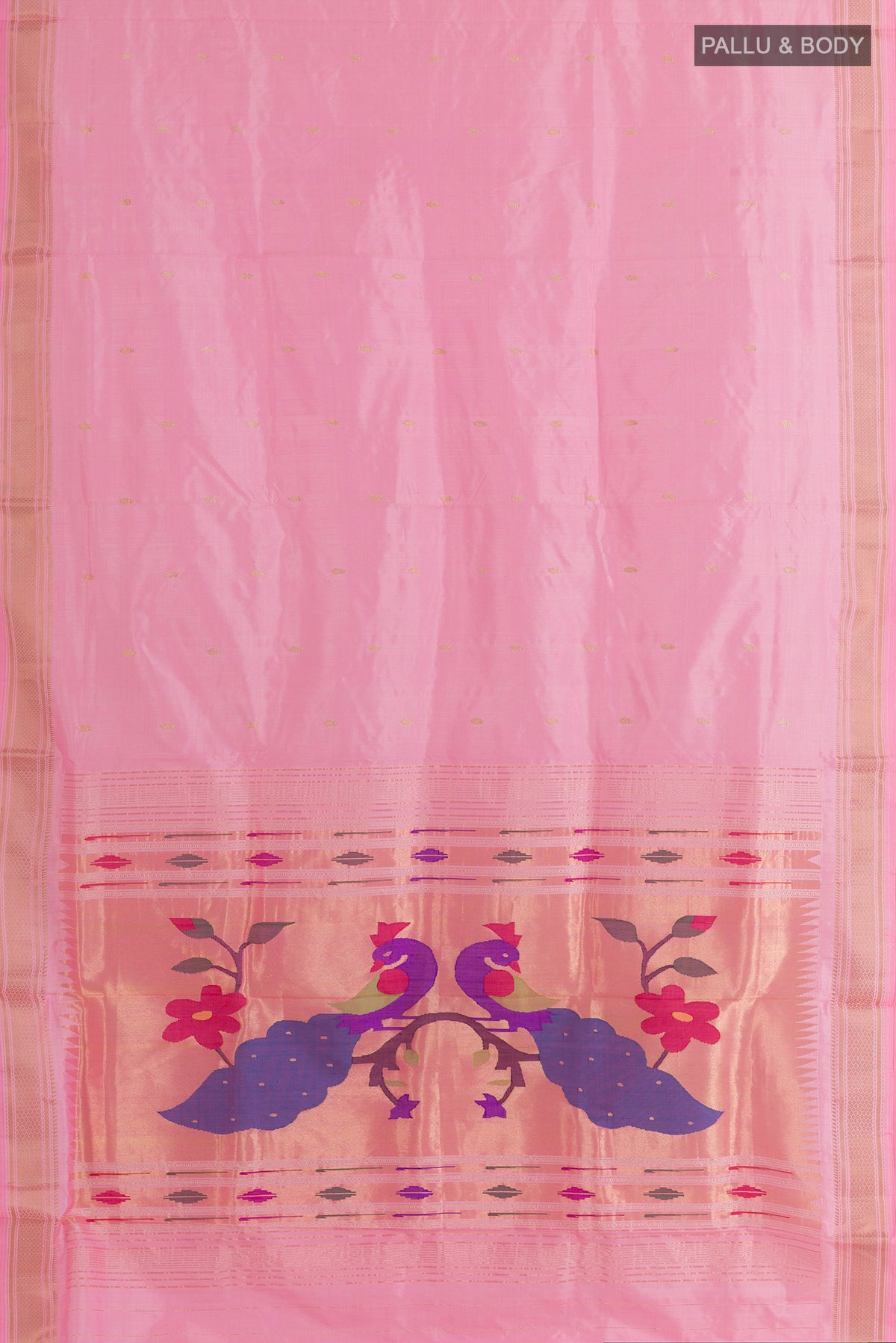 Flat view of Pure Silk Pink Paithani Saree with Zari Butta on the body and Zari Border. 