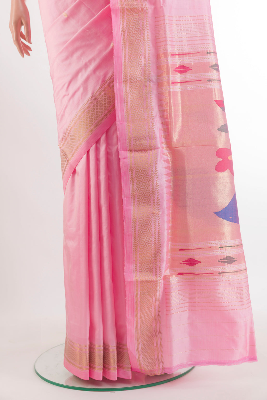 Pleats and pallu of Pure Silk Pink Paithani Saree with Zari Butta on the body and Zari Border. 