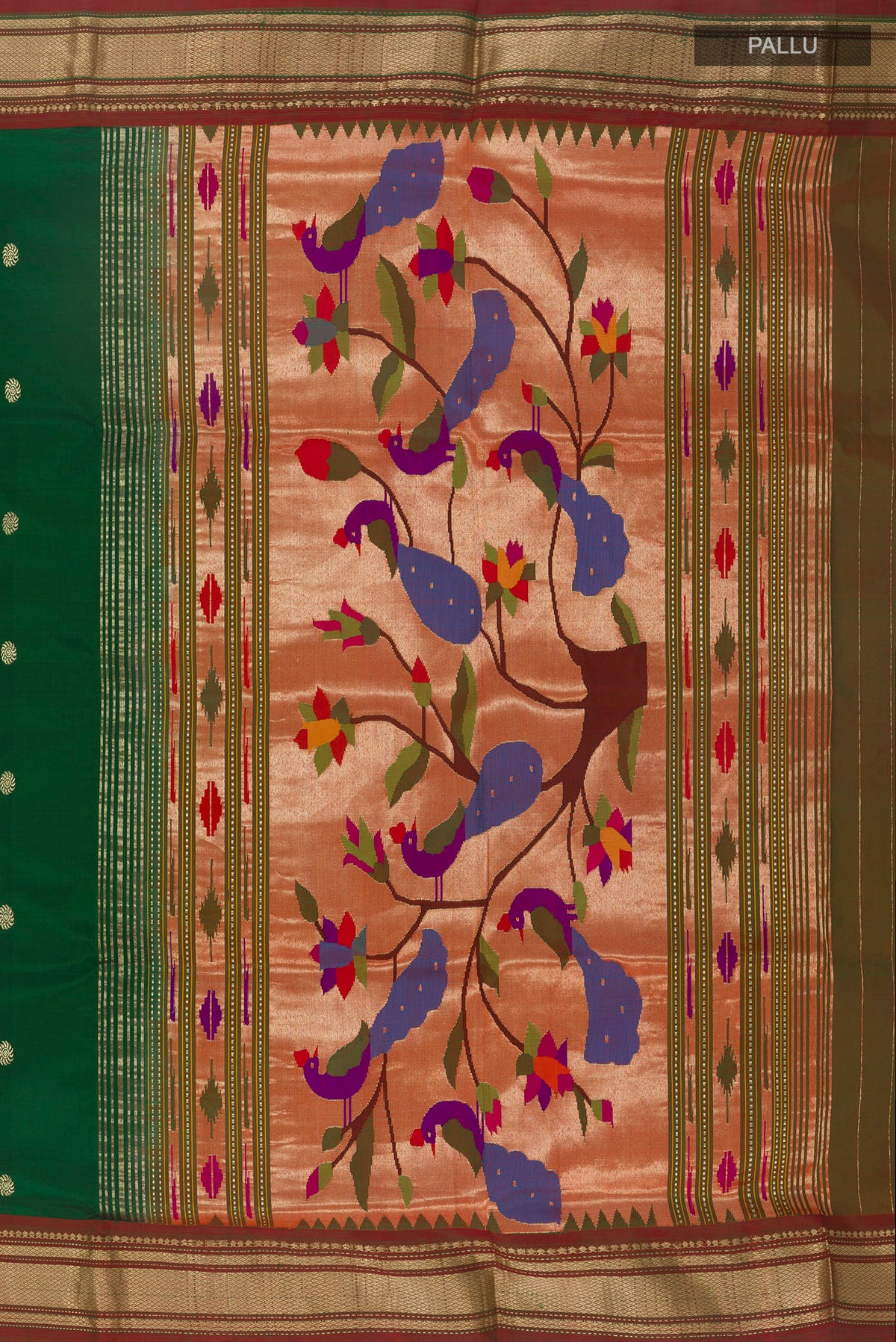 Close up image of the pallu of Pure Silk Green Paithani Saree with Zari Butta on the body and Zari Border. 
