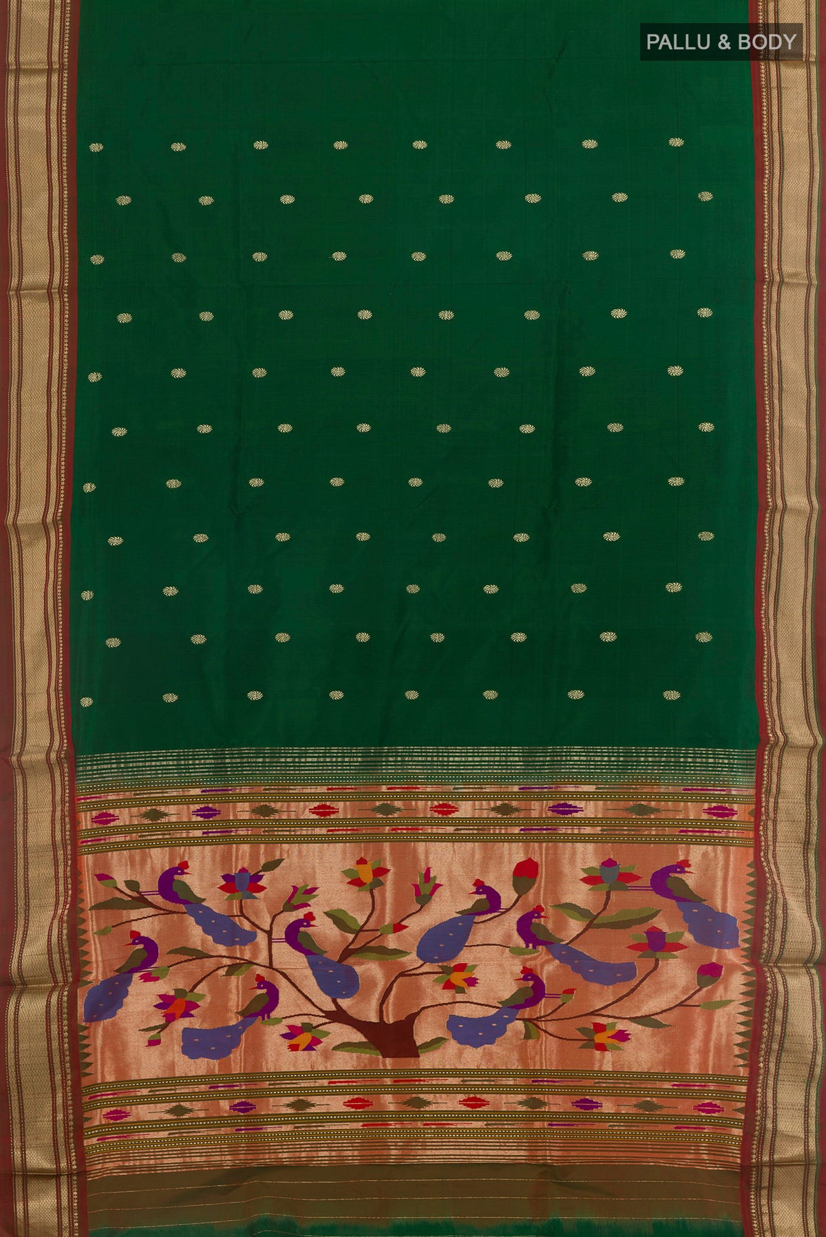 Flat view of Pure Silk Green Paithani Saree with Zari Butta on the body and Zari Border. 