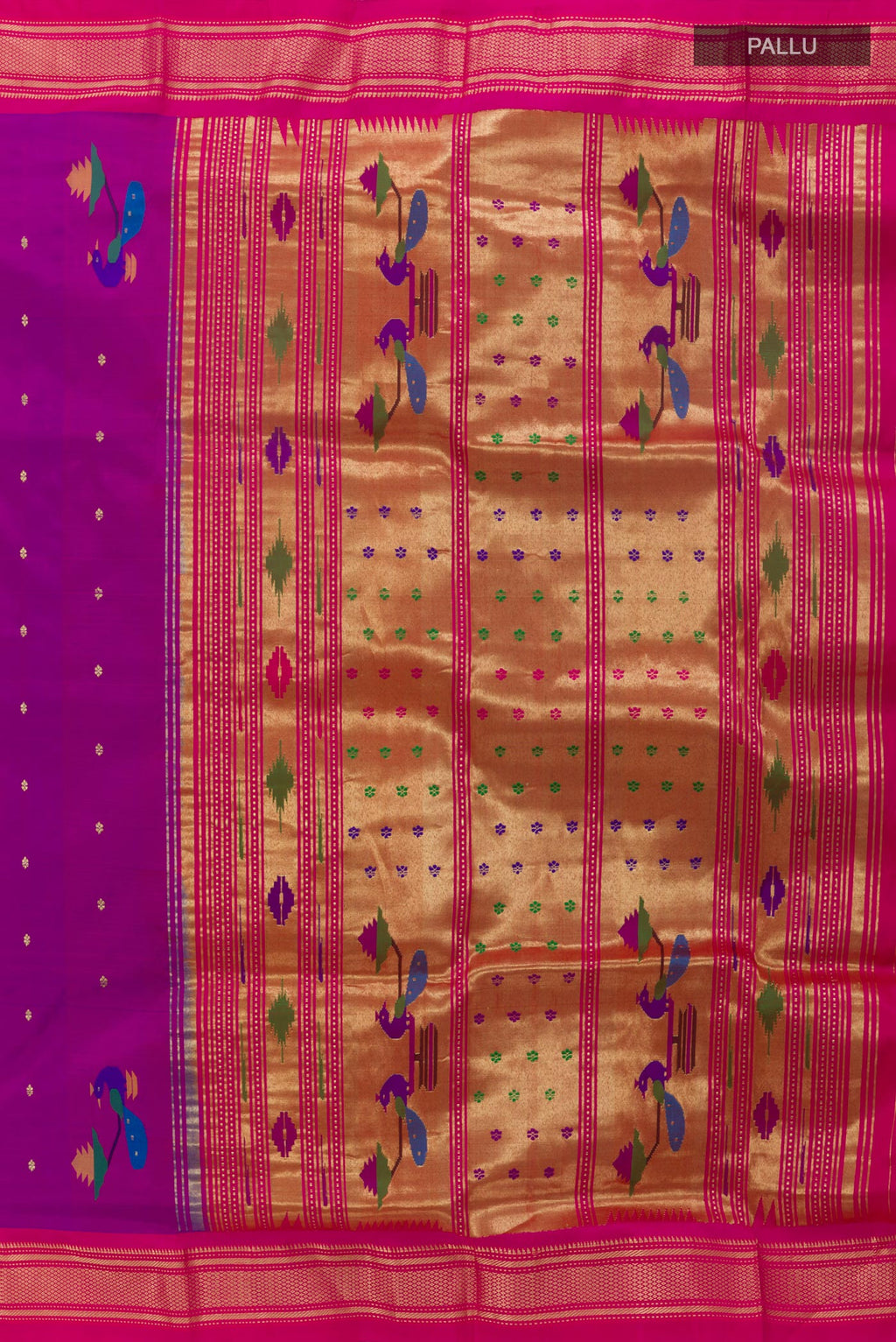 Close up image of the pallu of Purple Paithani Silk Saree with Zari Butta on the body and Zari Border. 
