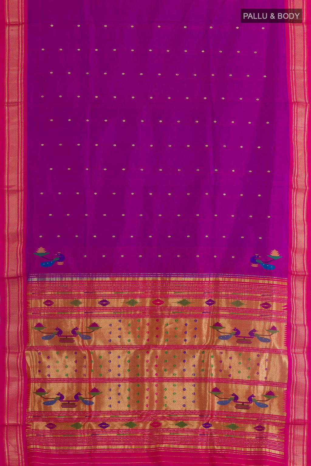 Flat view of Purple Paithani Silk Saree with Zari Butta on the body and Zari Border. 