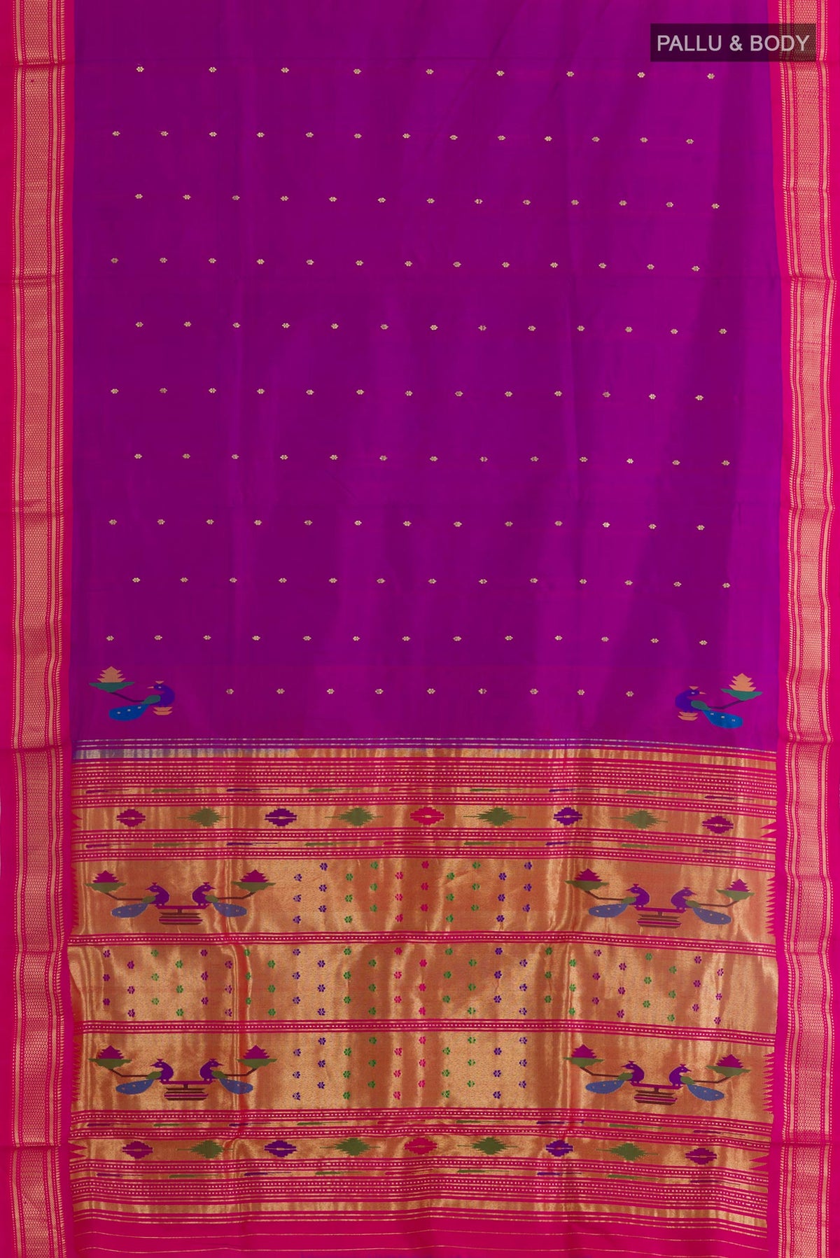 Flat view of Purple Paithani Silk Saree with Zari Butta on the body and Zari Border. 