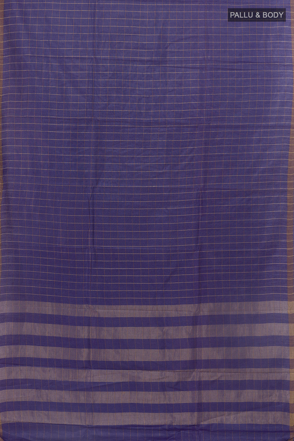 Flat view of Blue Tussar Saree with Checked design on the body and Zari Border. 