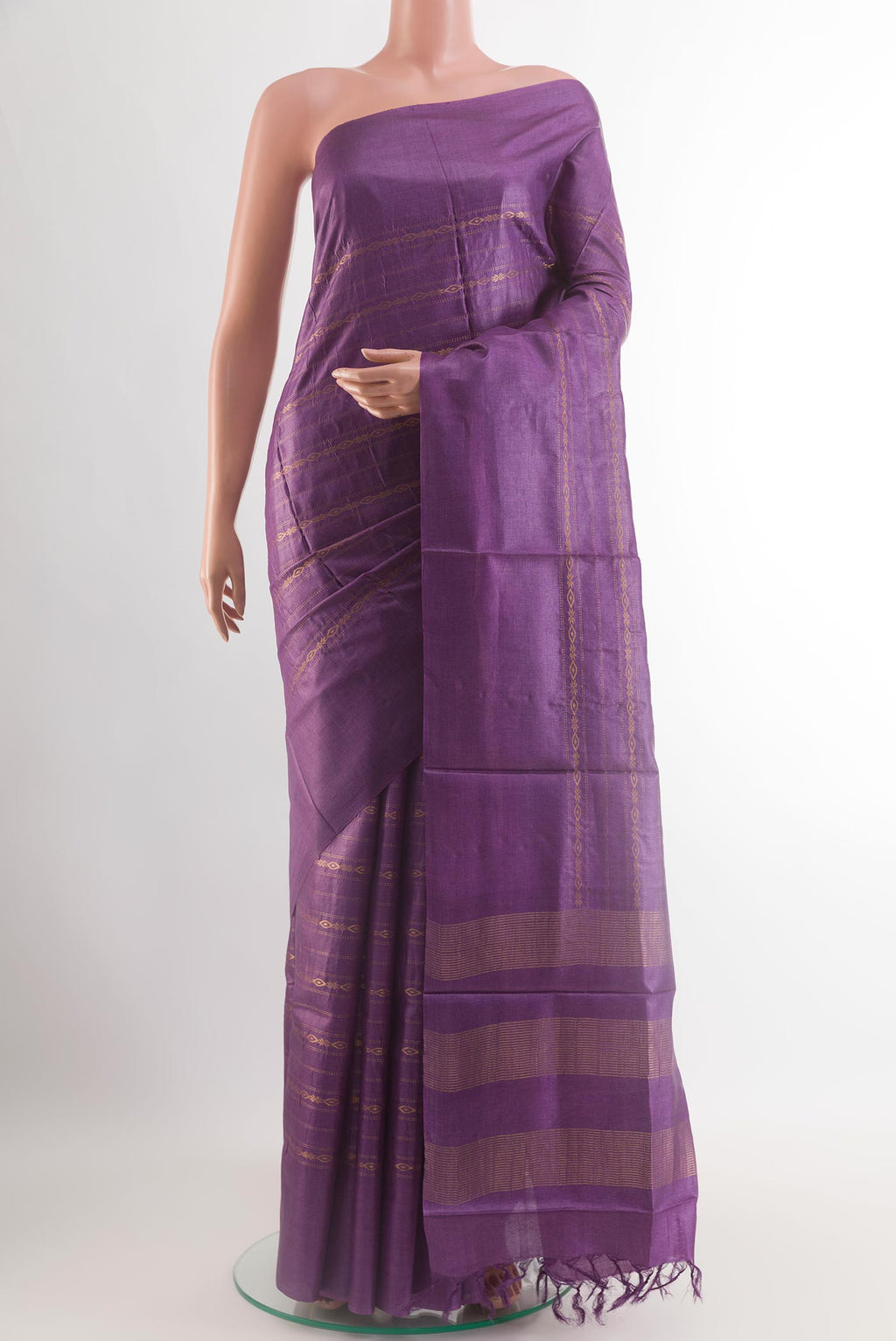 Purple Tussar Saree with Stripes on the body and Zari Border.  displayed on a mannequin
