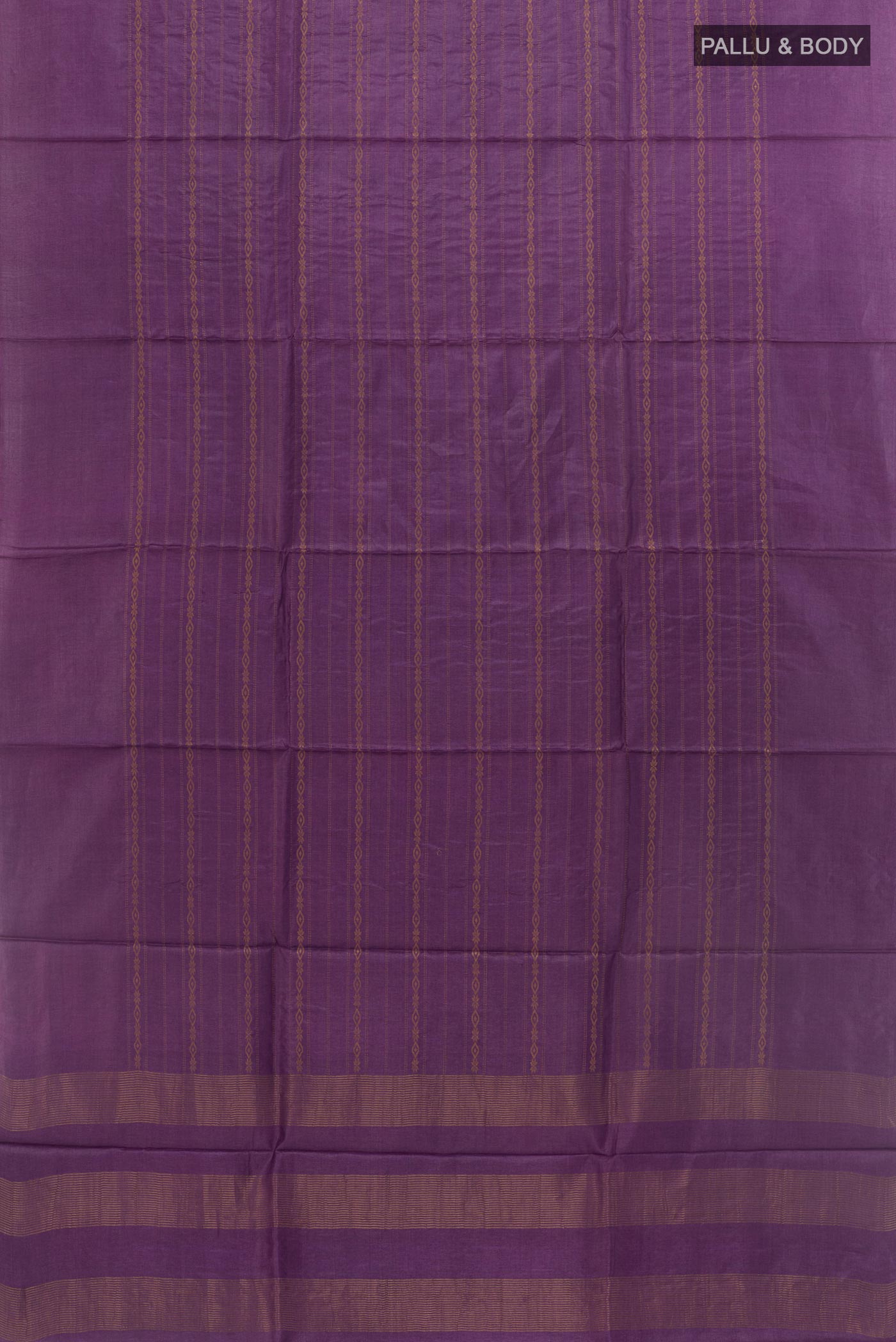 Flat view of Purple Tussar Saree with Stripes on the body and Zari Border. 