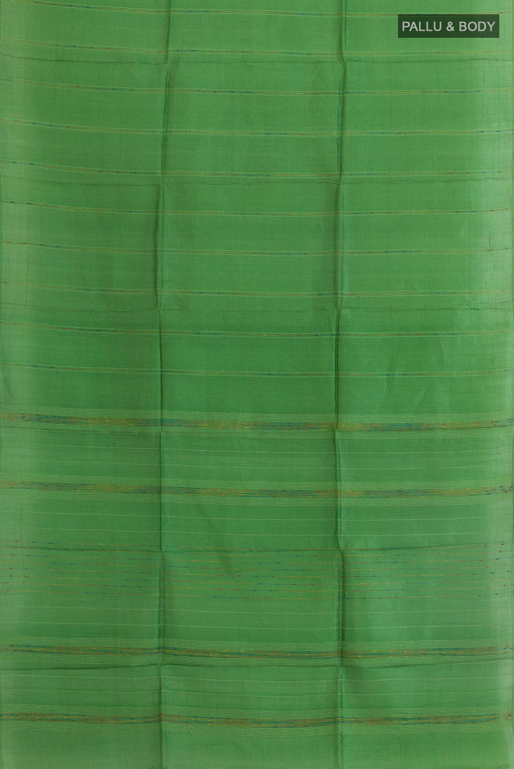Flat view of Green Tussar Silk Saree with Stripes on the body and Without Border. 