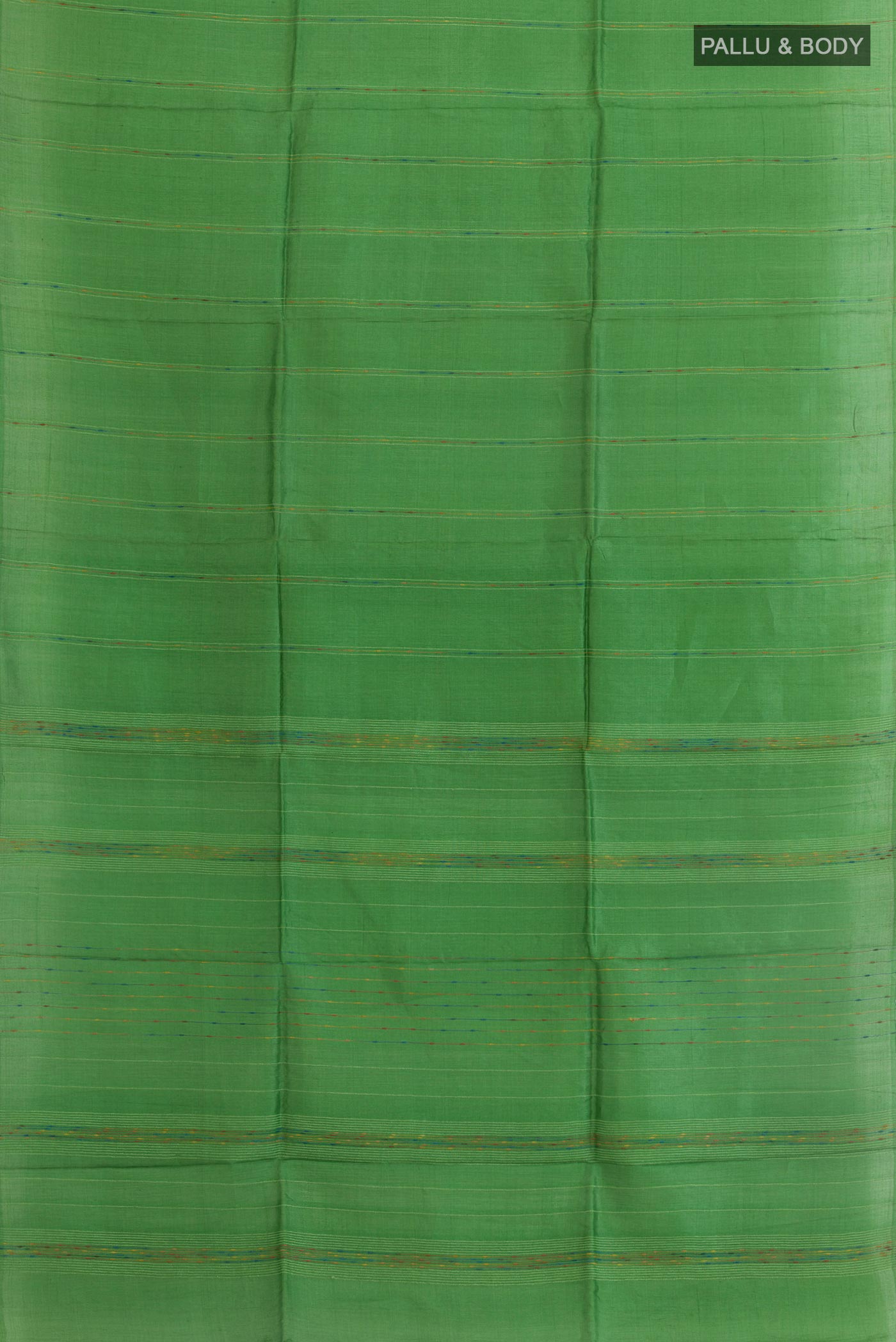 Flat view of Green Tussar Silk Saree with Stripes on the body and Without Border. 