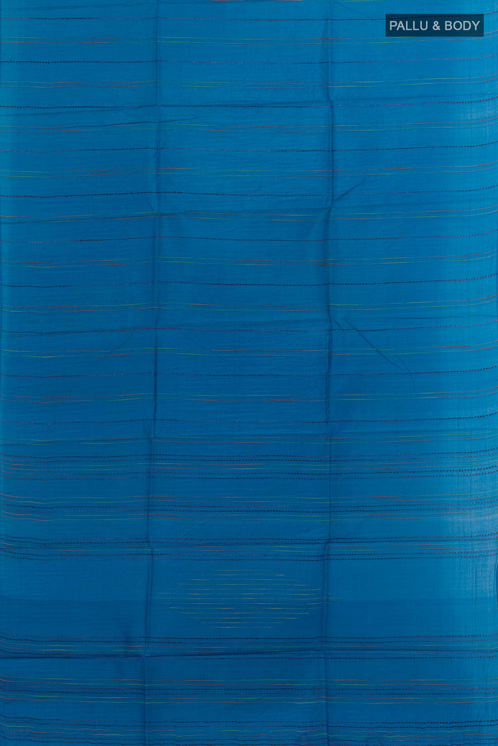 Flat view of Royal Blue Tussar Silk Saree with Stripes on the body and Without Border. 