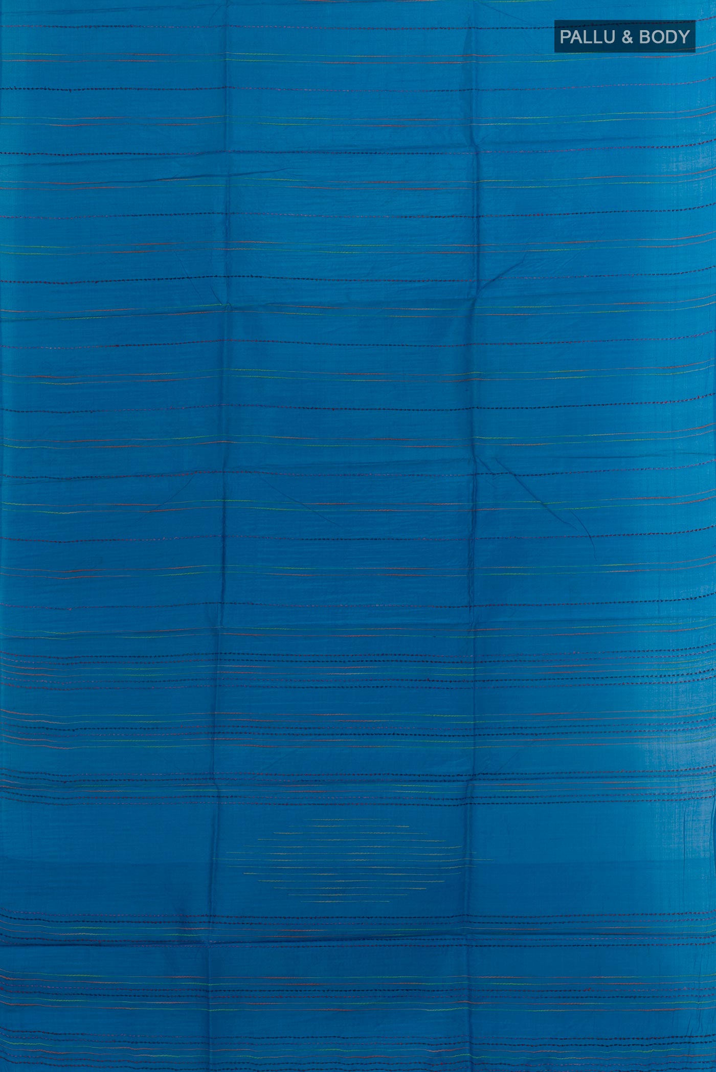 Flat view of Royal Blue Tussar Silk Saree with Stripes on the body and Without Border. 