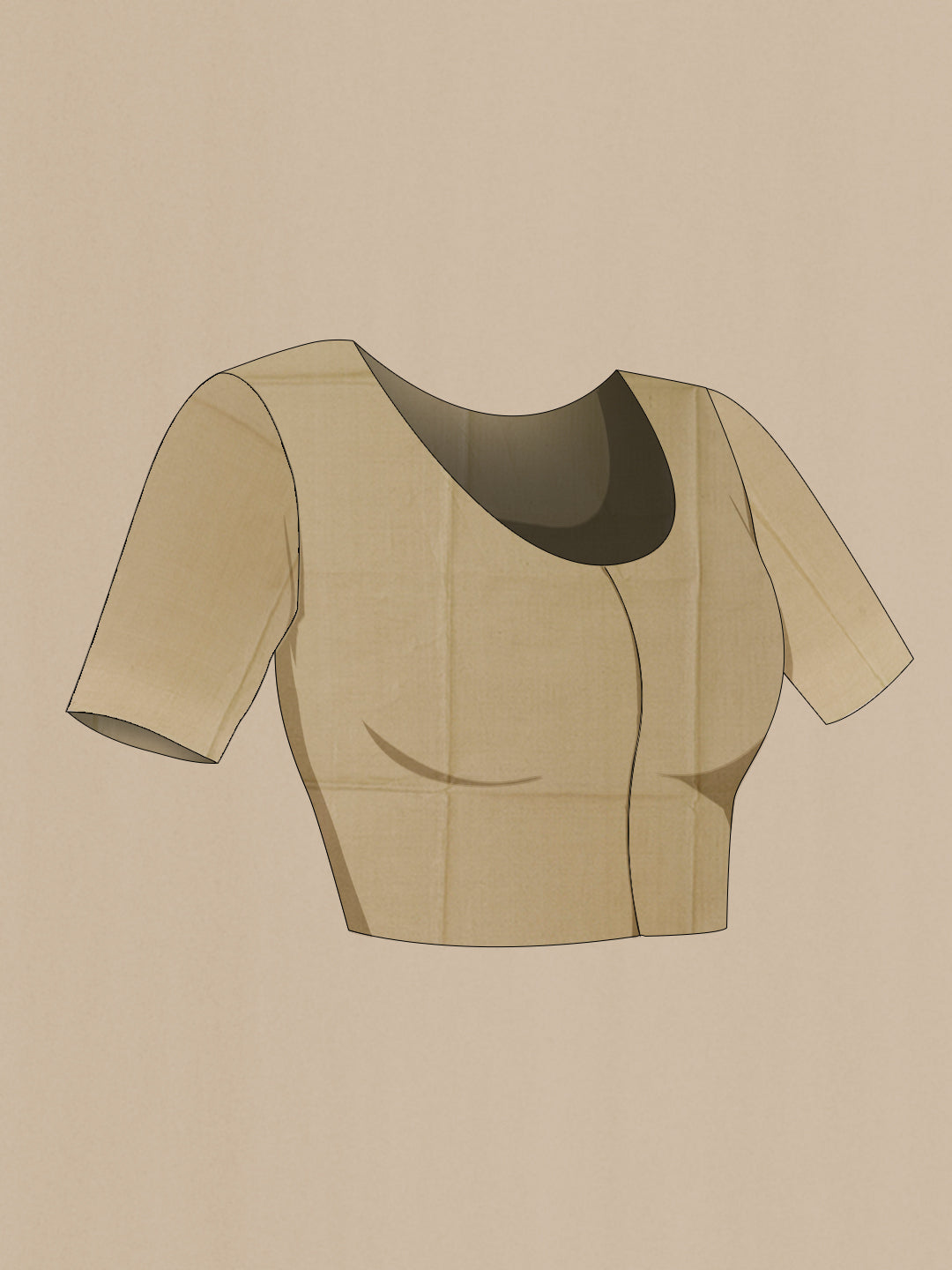 Close up image of the blouse of Beige Tussar Silk Saree with Plain Body and Zari Border. 