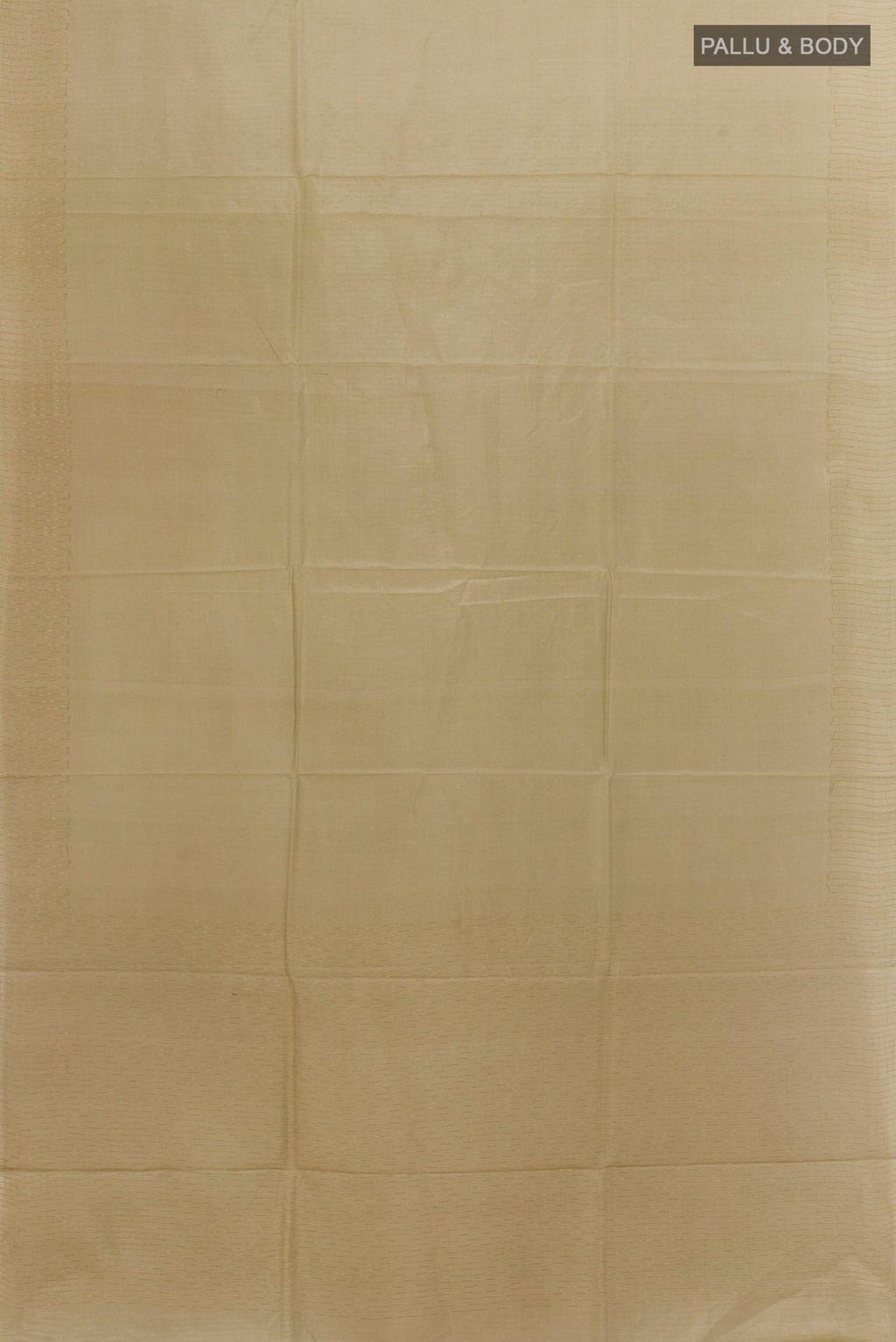 Flat view of Beige Tussar Silk Saree with Plain Body and Zari Border. 