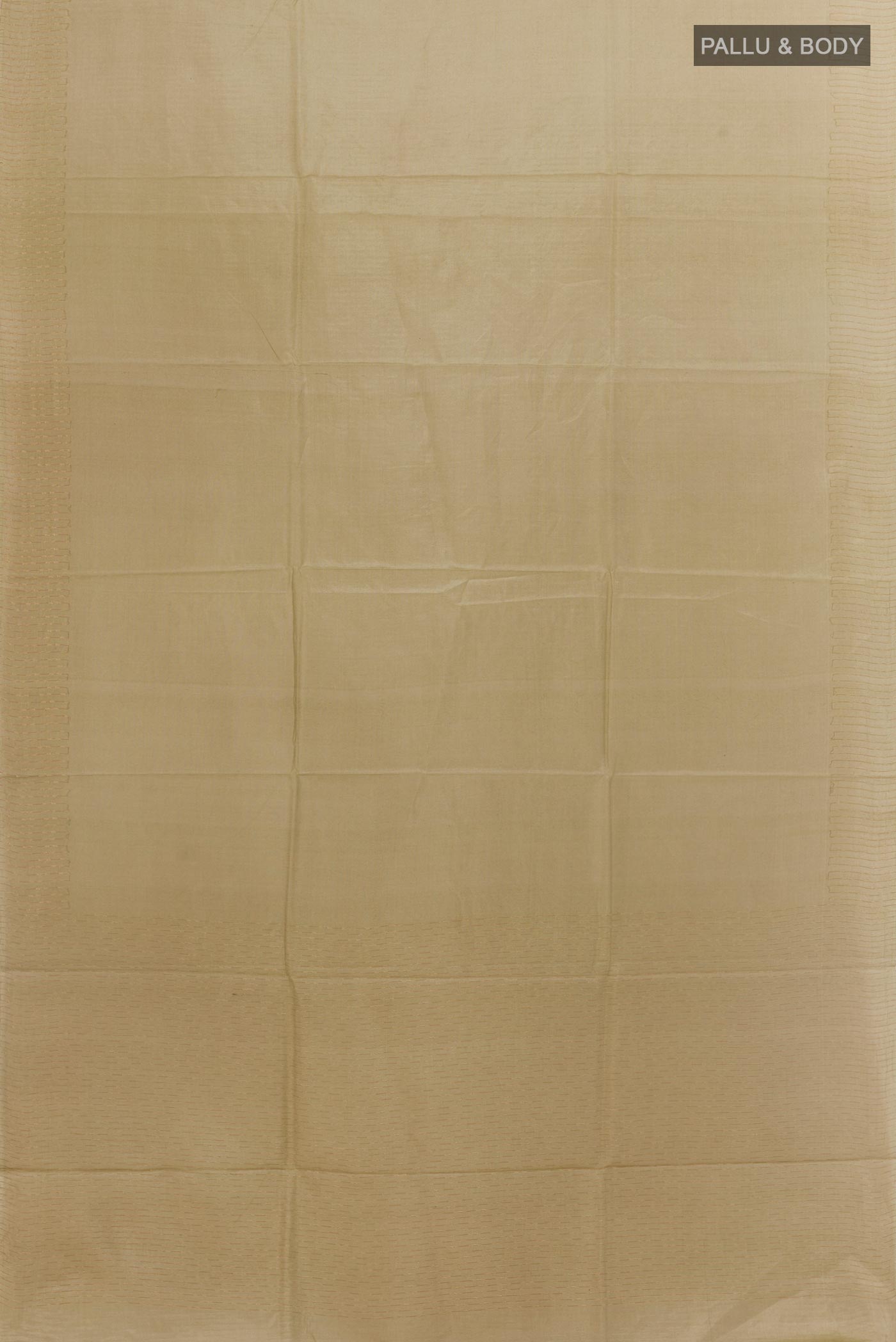 Flat view of Beige Tussar Silk Saree with Plain Body and Zari Border. 