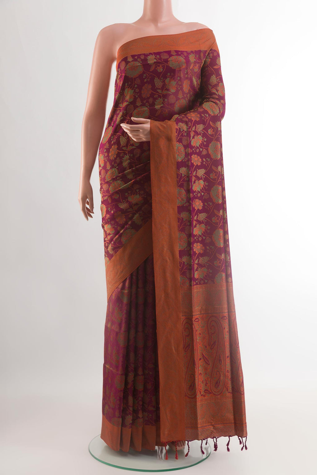 Purple Soft Silk Saree with Jacquard design on the body and Embroidery Border.  displayed on a mannequin