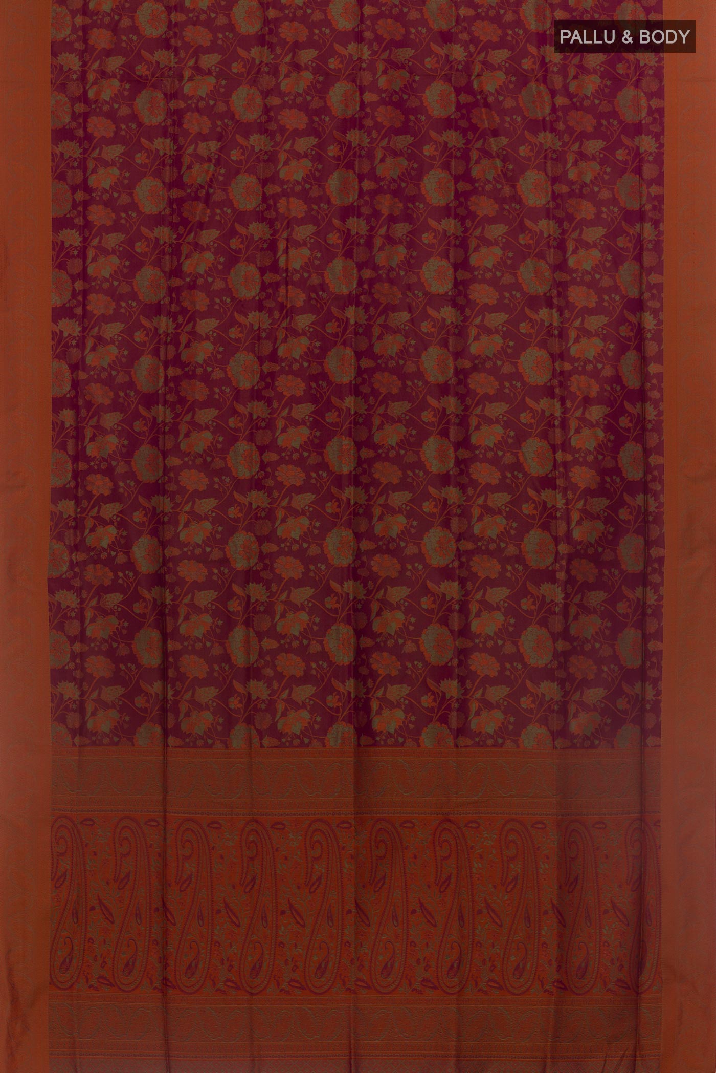 Flat view of Purple Soft Silk Saree with Jacquard design on the body and Embroidery Border. 