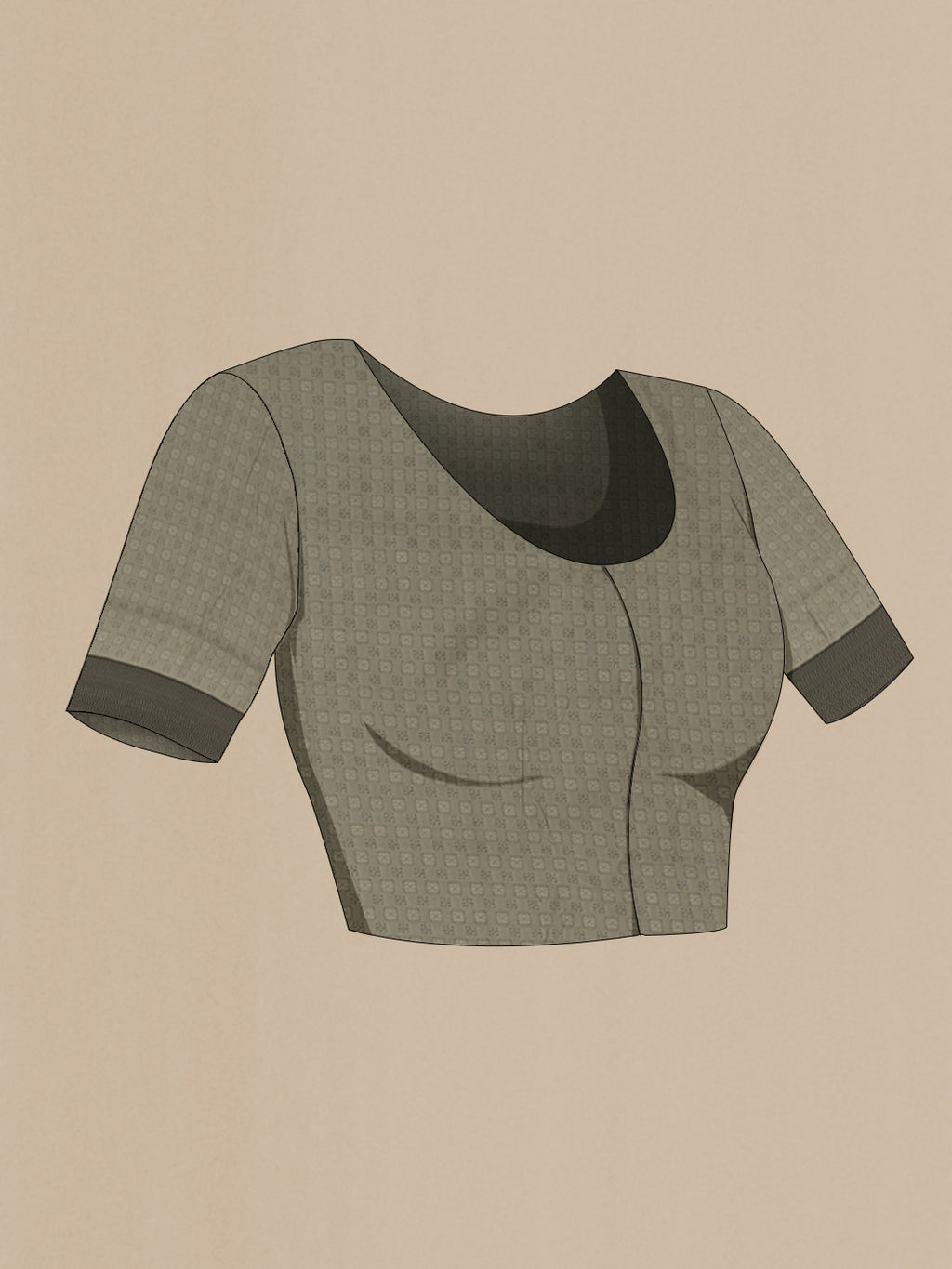 Close up image of the blouse of Grey Soft Silk Saree with Jacquard design on the body and Thread Border. 