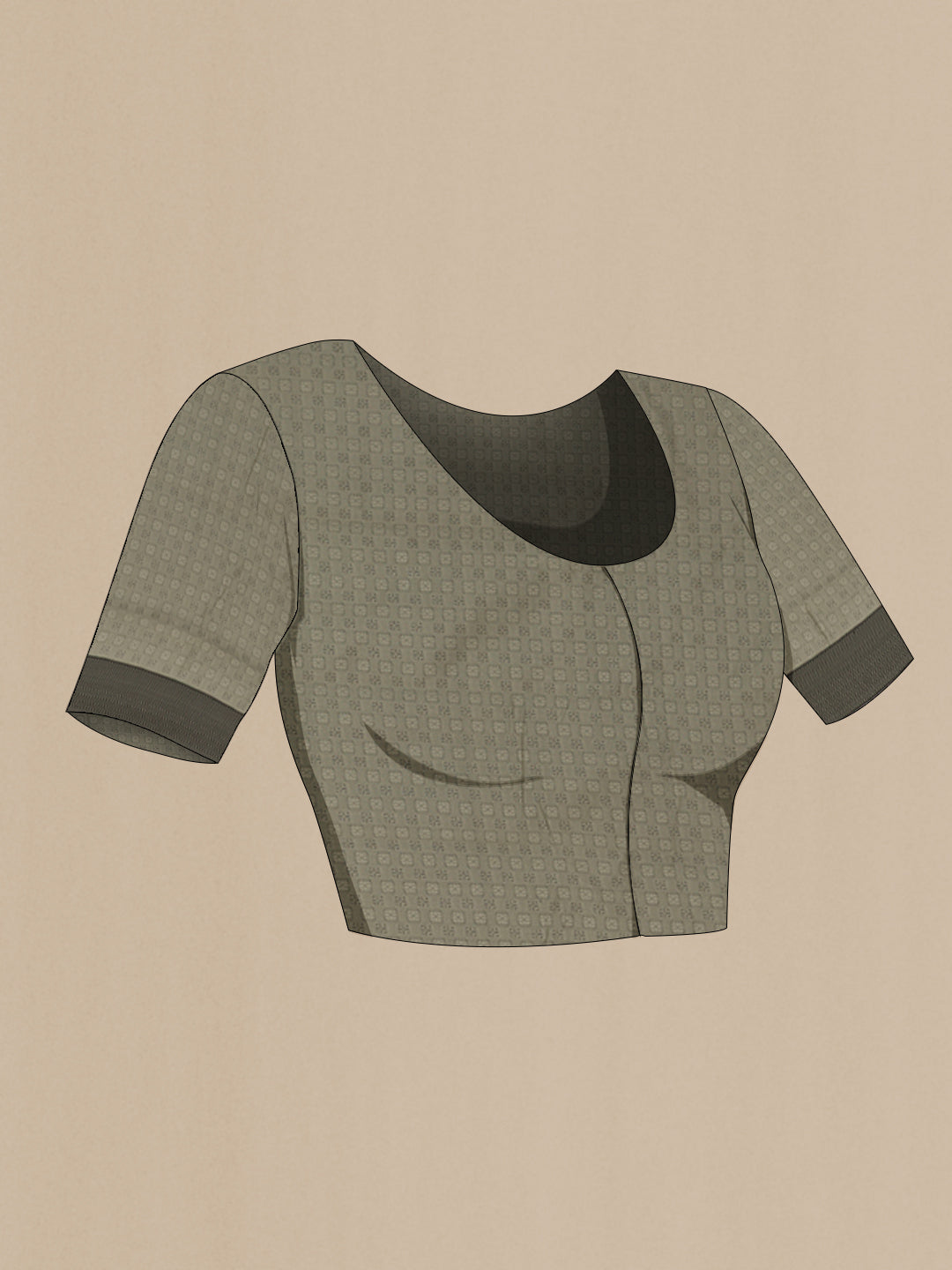 Close up image of the blouse of Grey Soft Silk Saree with Jacquard design on the body and Thread Border. 