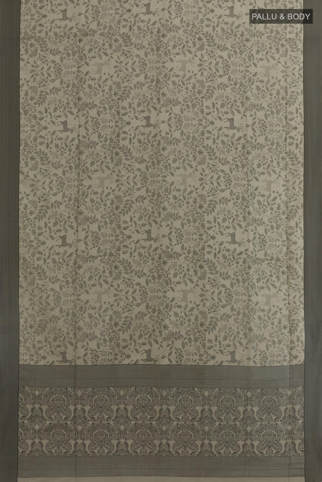 Flat view of Grey Soft Silk Saree with Jacquard design on the body and Thread Border. 