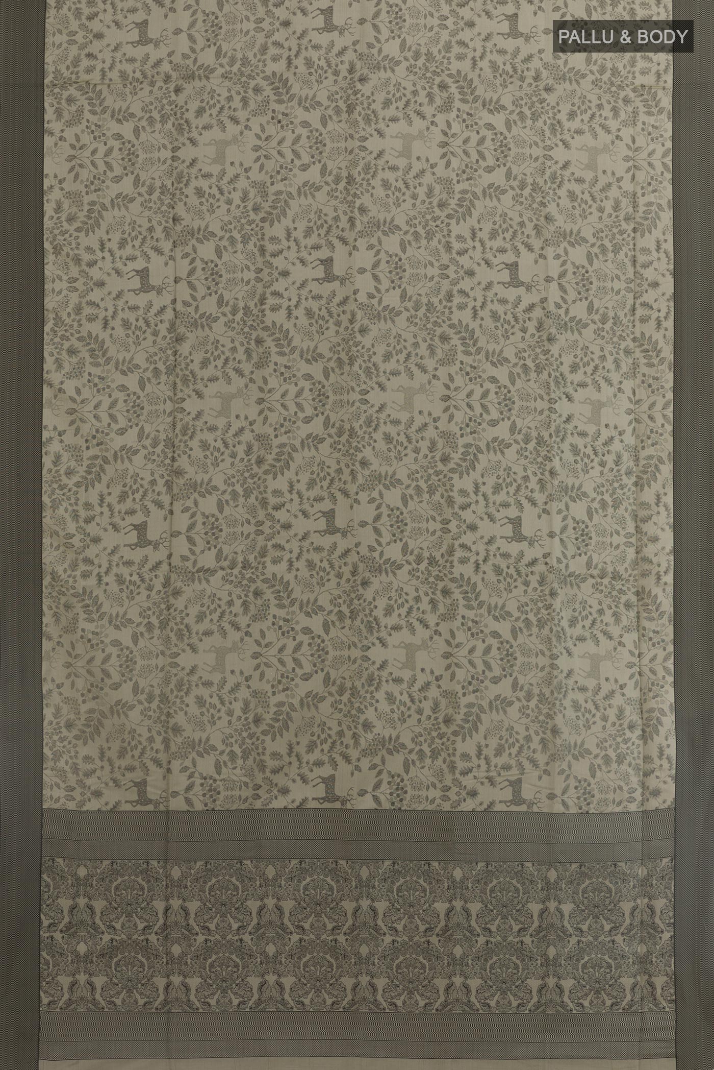 Flat view of Grey Soft Silk Saree with Jacquard design on the body and Thread Border. 