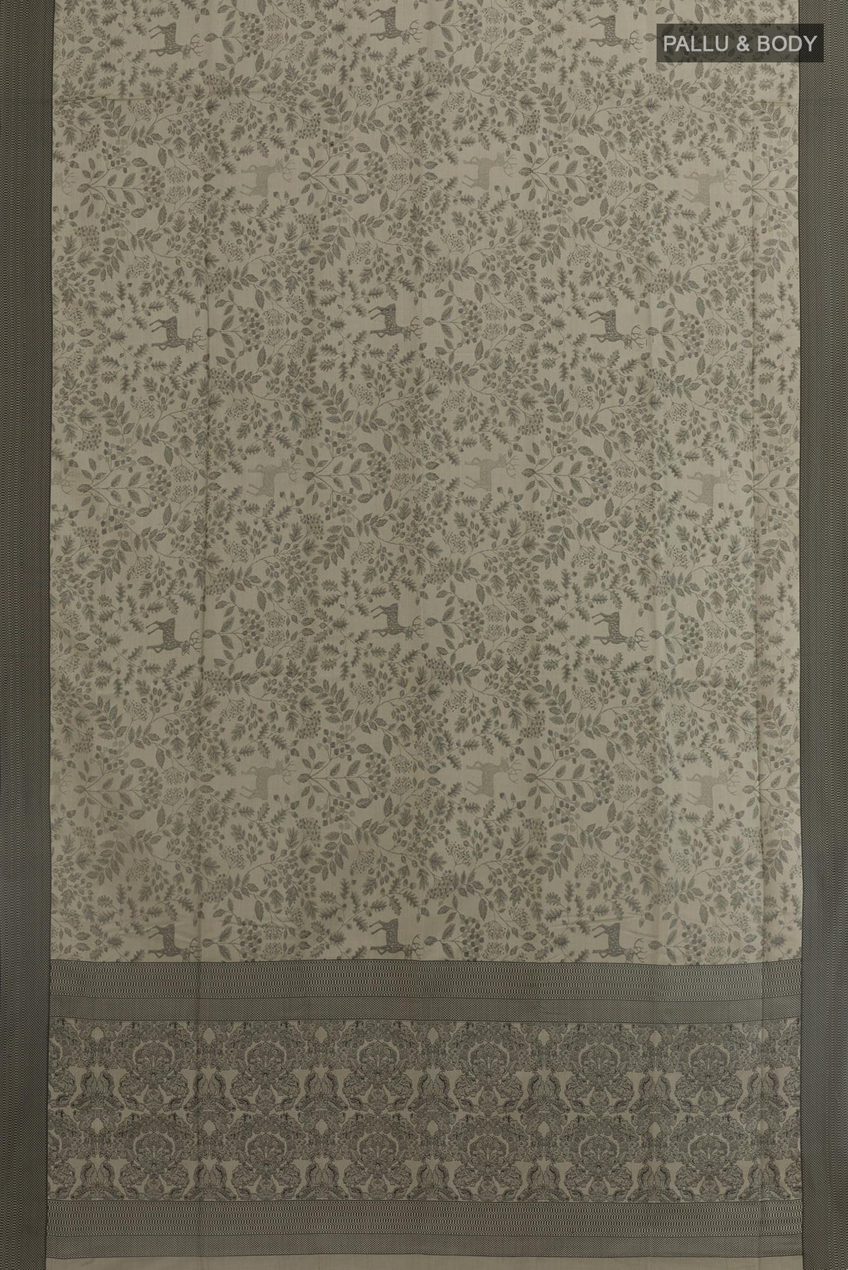 Flat view of Grey Soft Silk Saree with Jacquard design on the body and Thread Border. 
