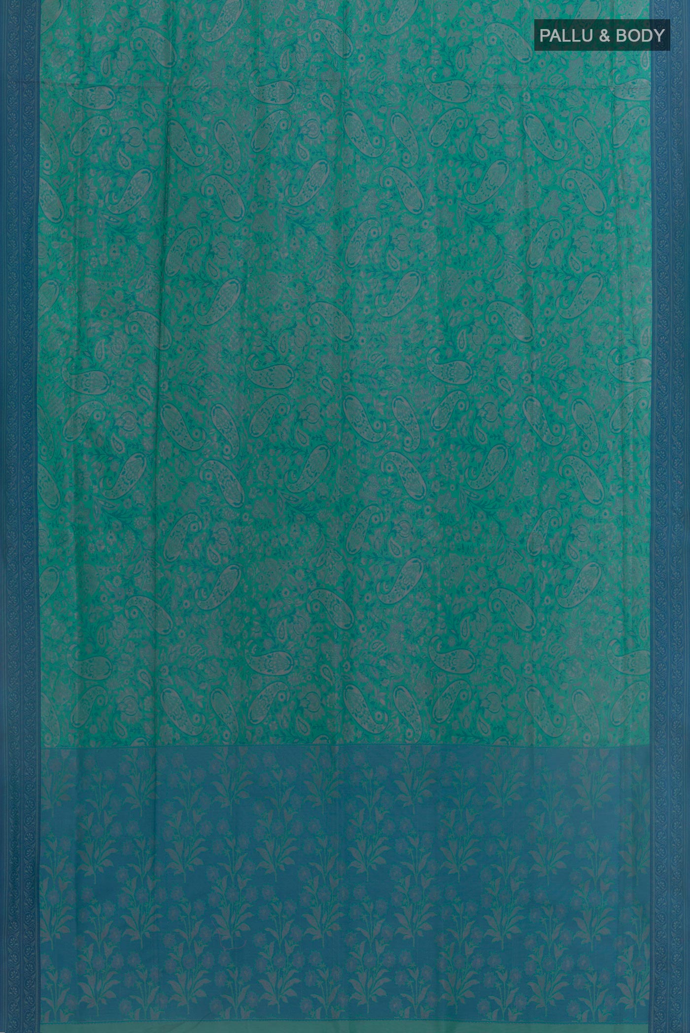 Flat view of Sea Green Soft Silk Saree with Jacquard design on the body and Embroidery Border. 