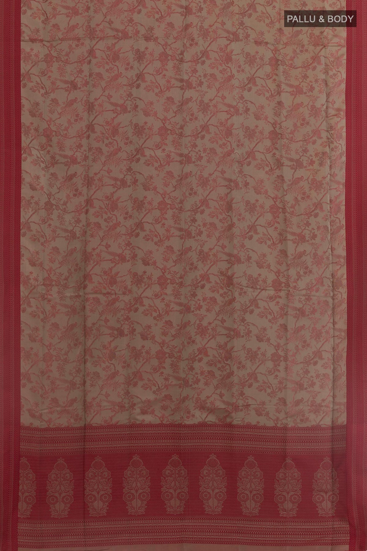 Flat view of Grey Soft Silk Saree with Jacquard design on the body and Embroidery Border. 