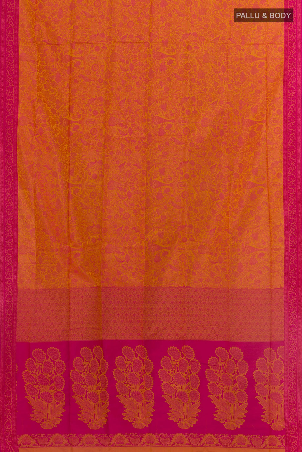 Flat view of Yellow Soft Silk Saree with Jacquard design on the body and Embroidery Border. 