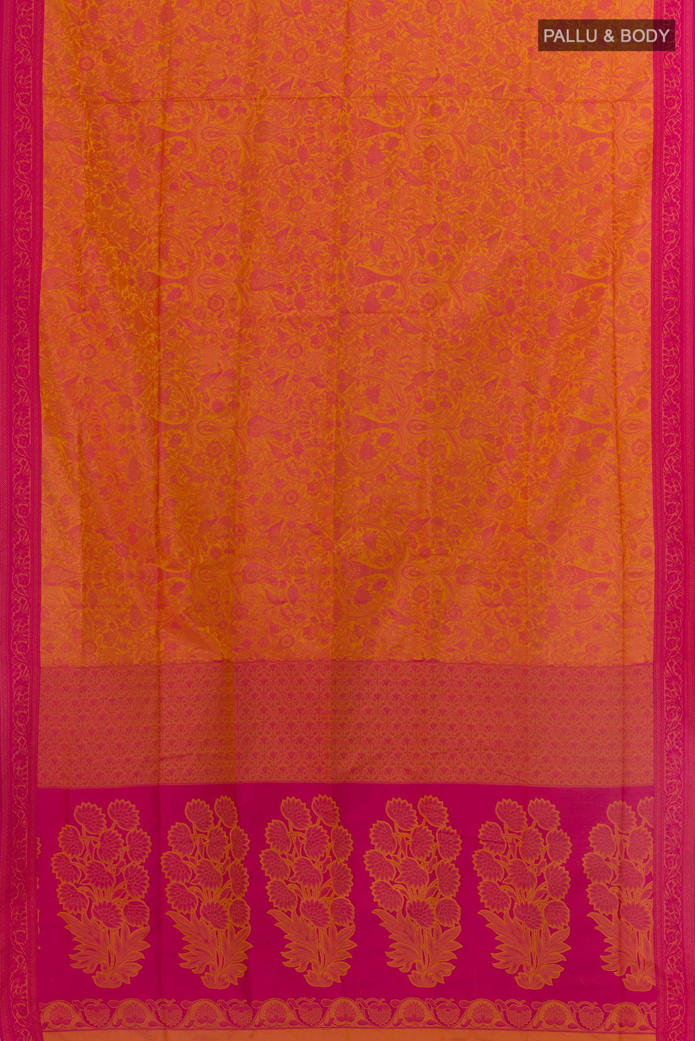 Flat view of Yellow Soft Silk Saree with Jacquard design on the body and Embroidery Border. 