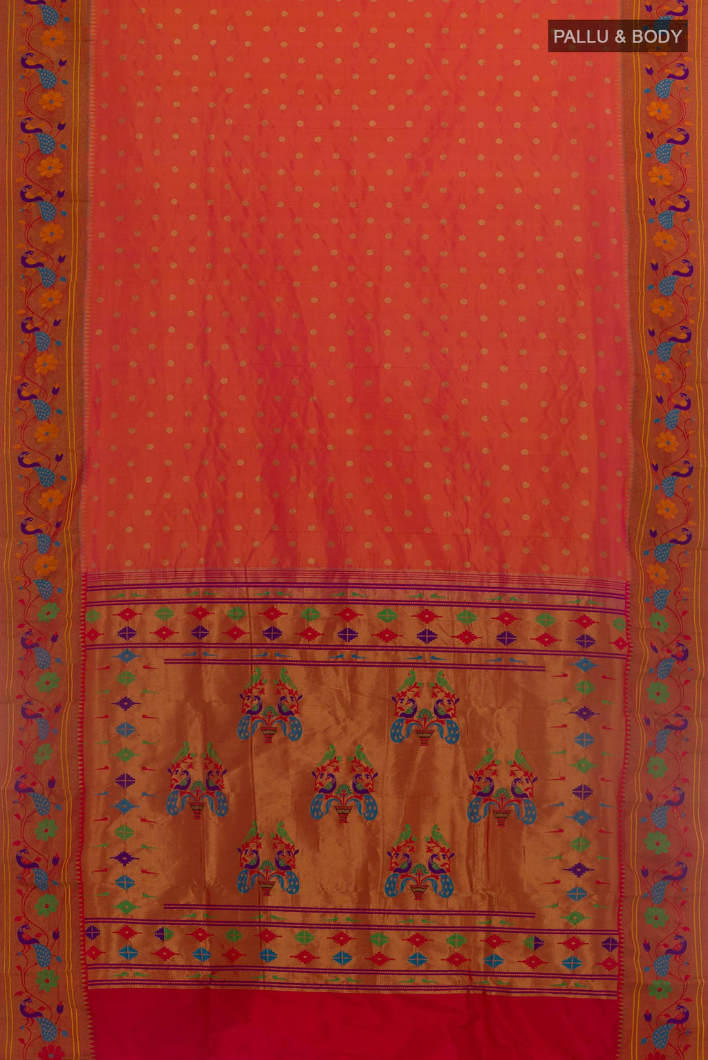 Flat view of Peach Gadwal Silk Saree with Zari Butta on the body and Paithani Border. 