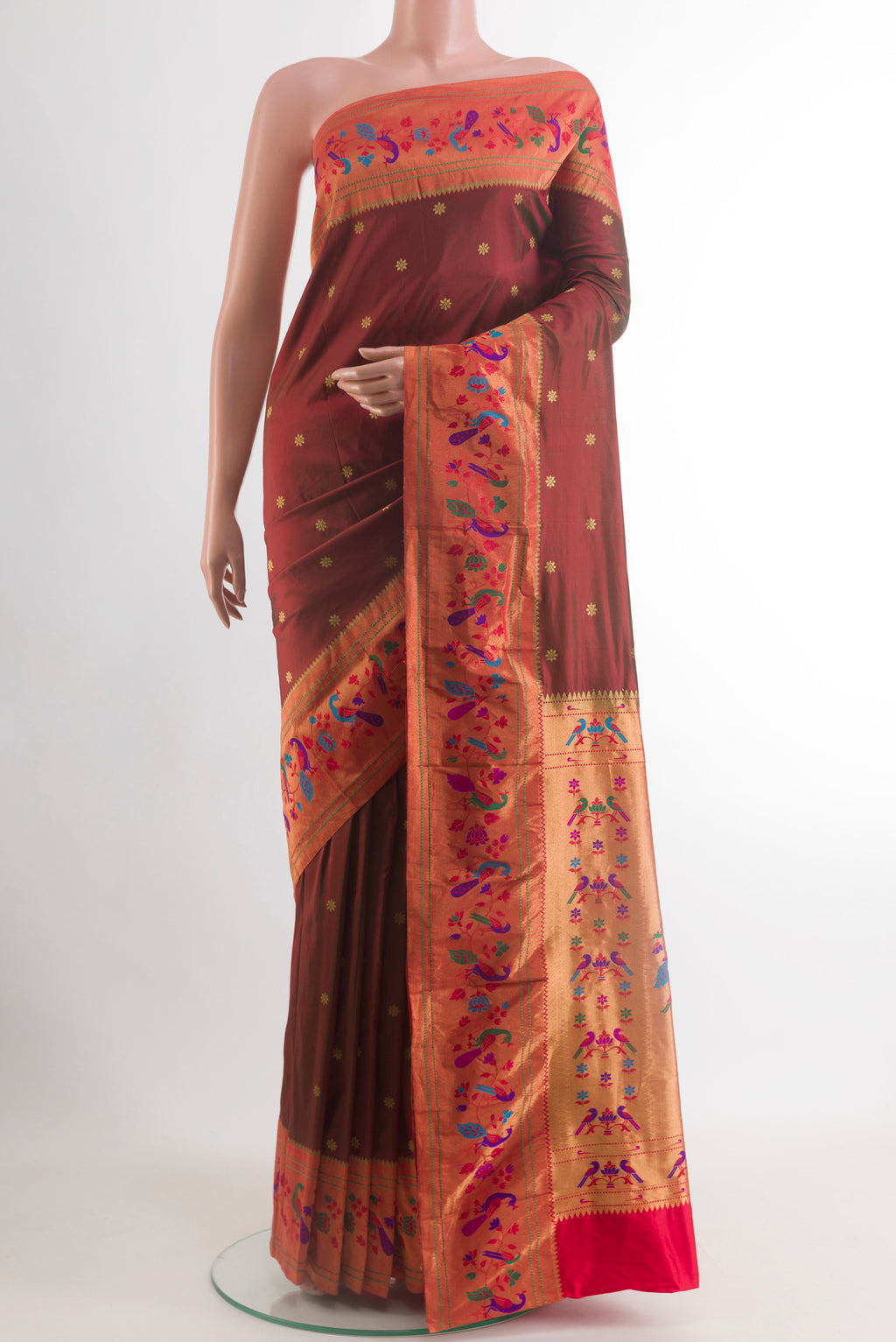 Coffee Brown Gadwal Silk Saree with Zari Butta on the body and Paithani Border.  displayed on a mannequin