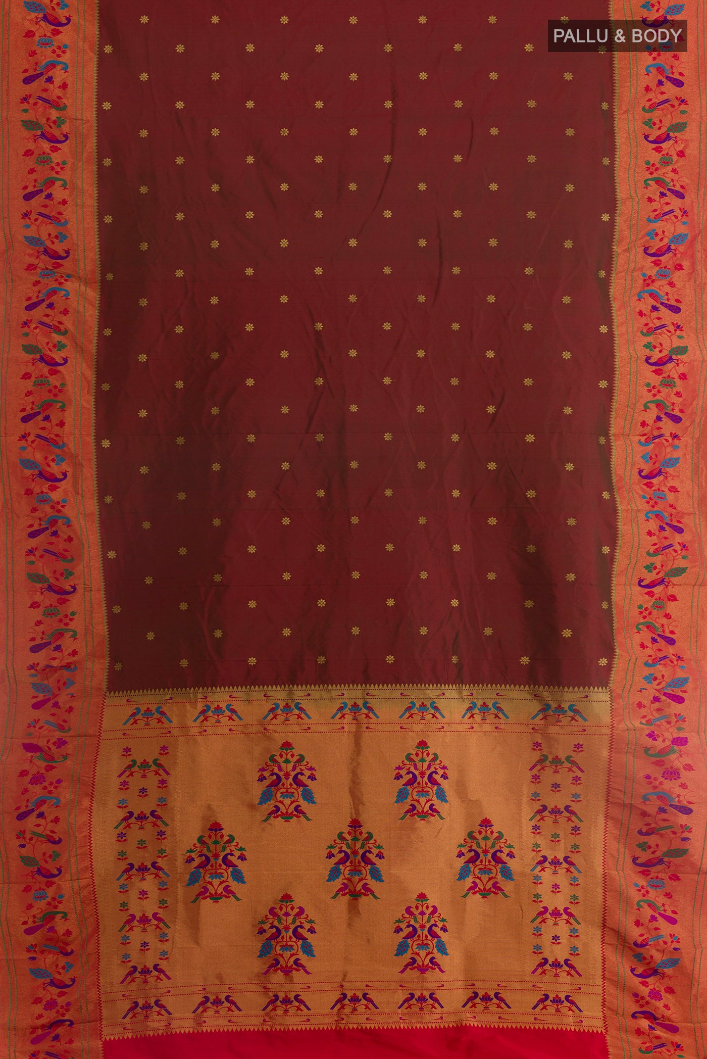 Flat view of Coffee Brown Gadwal Silk Saree with Zari Butta on the body and Paithani Border. 