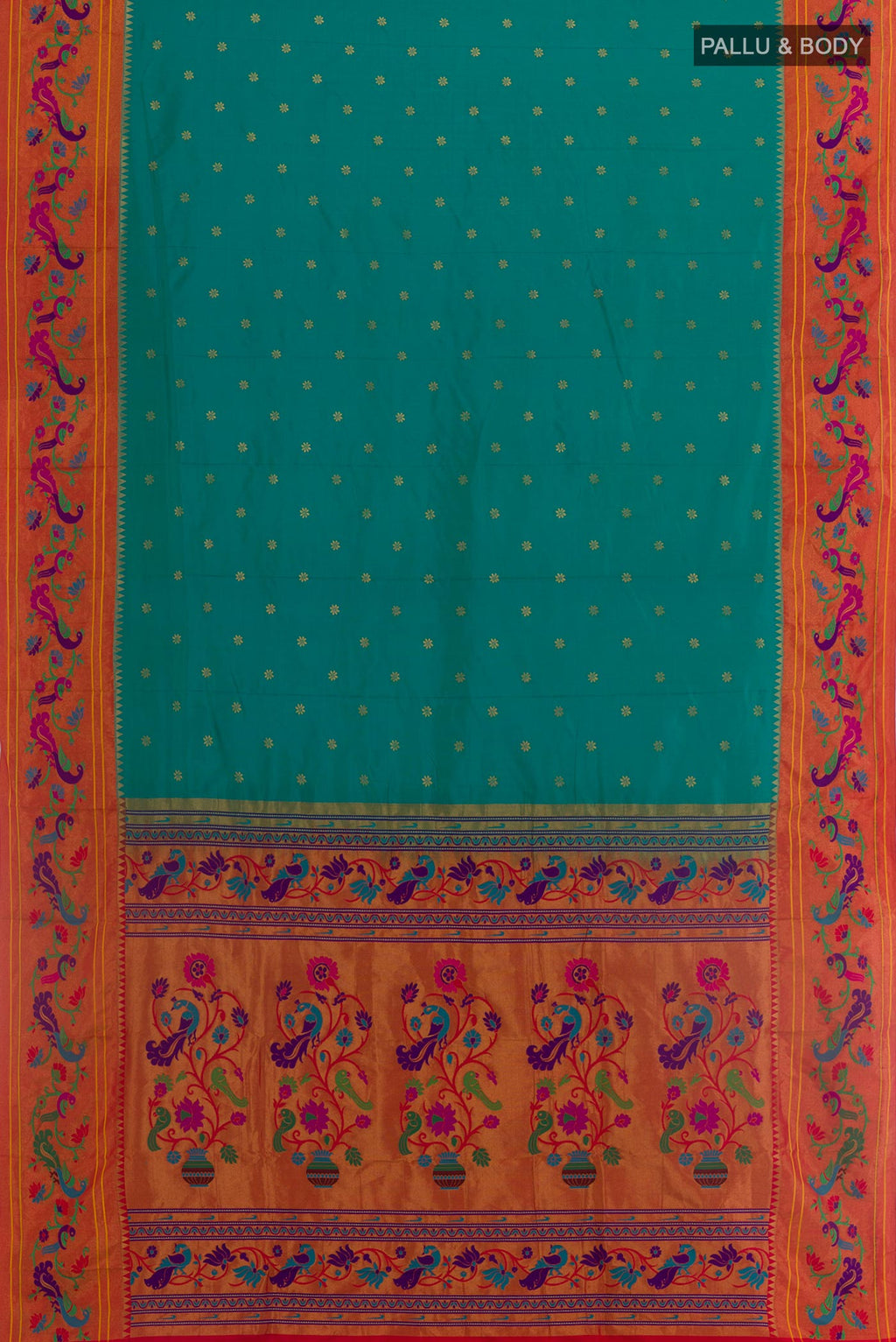 Flat view of Peacock Blue Gadwal Silk Saree with Zari Butta on the body and Paithani Border. 