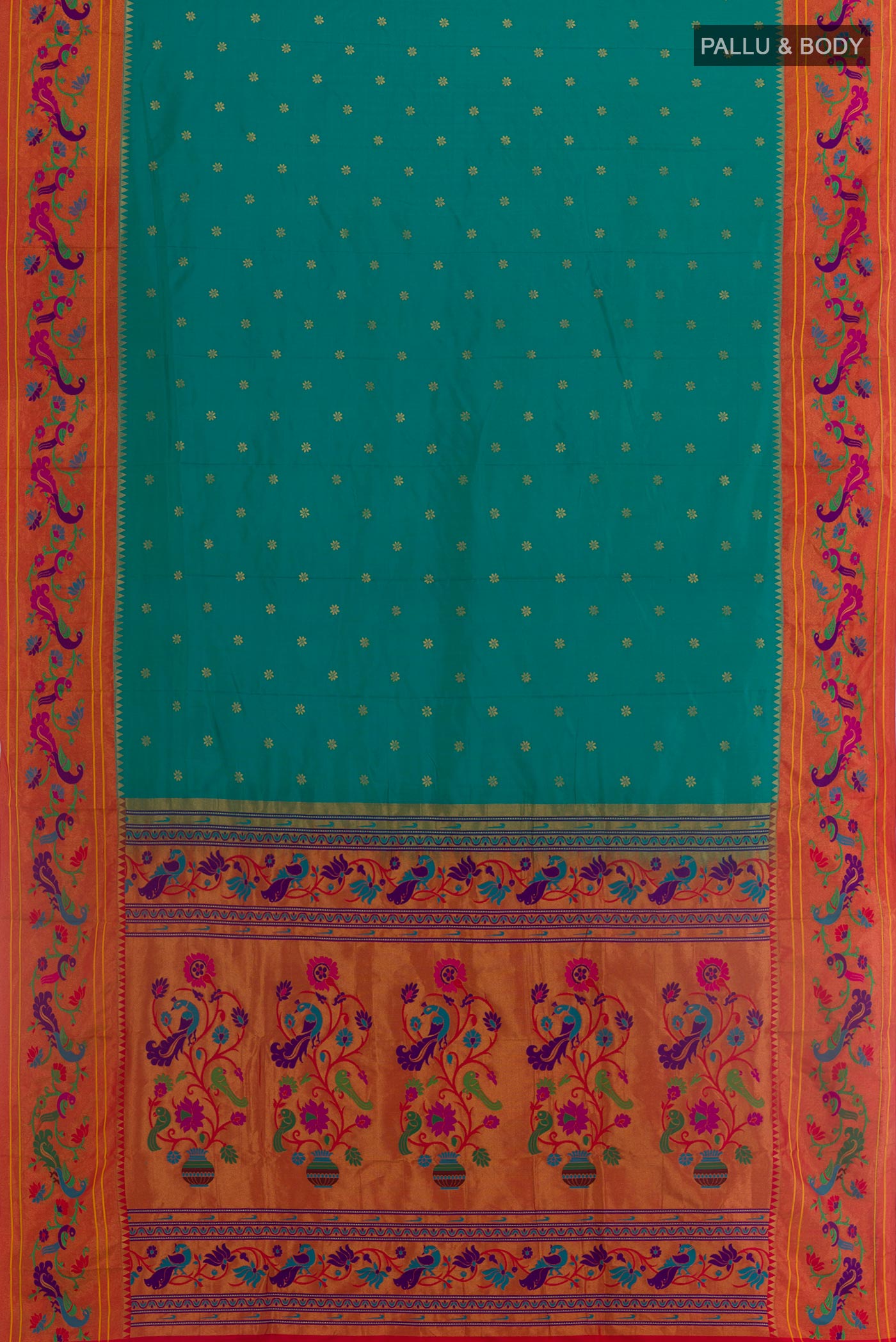 Flat view of Peacock Blue Gadwal Silk Saree with Zari Butta on the body and Paithani Border. 